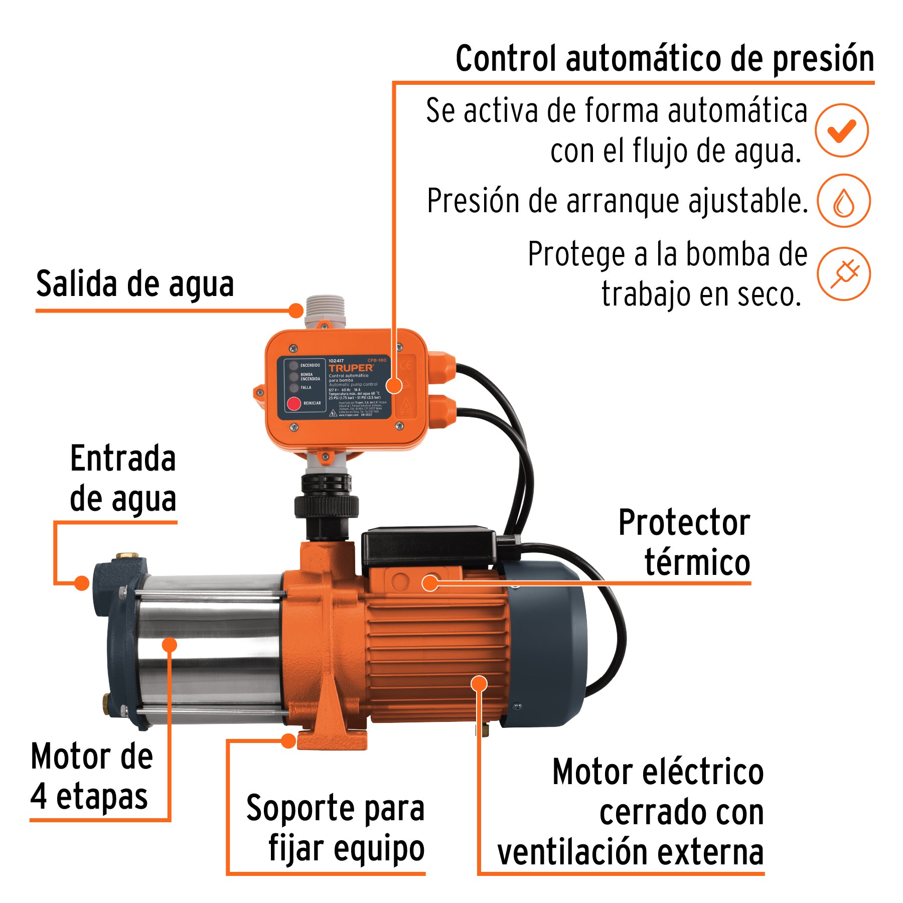 Bomba presurizadora multietapas 1 1/3 HP con control, Truper