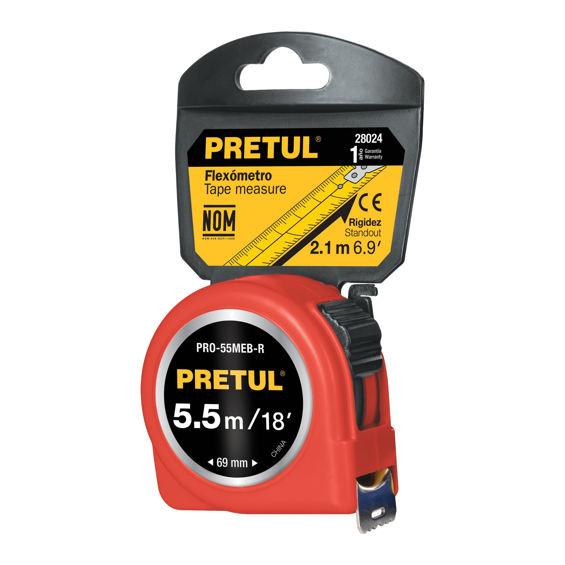 Flexómetro rojo 5.5 m cinta 25 mm, en tarjeta, Pretul