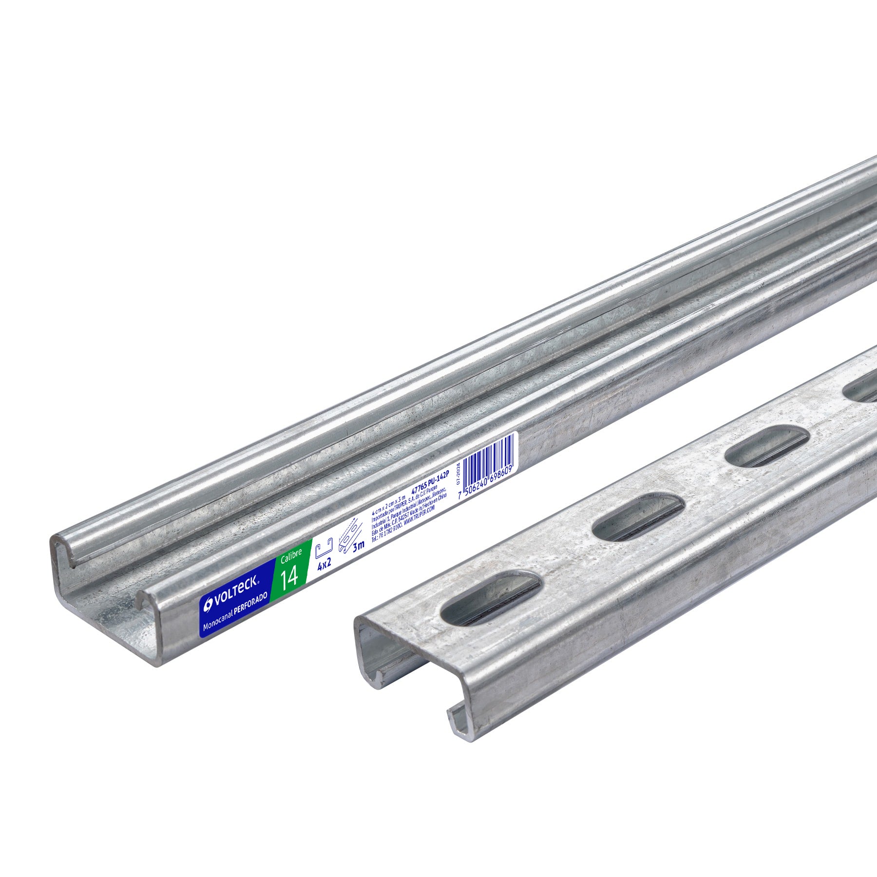 Perfil monocanal perforado de 3 m, 4 x 2 cm cal. 14, Volteck, PU-142P, 47765