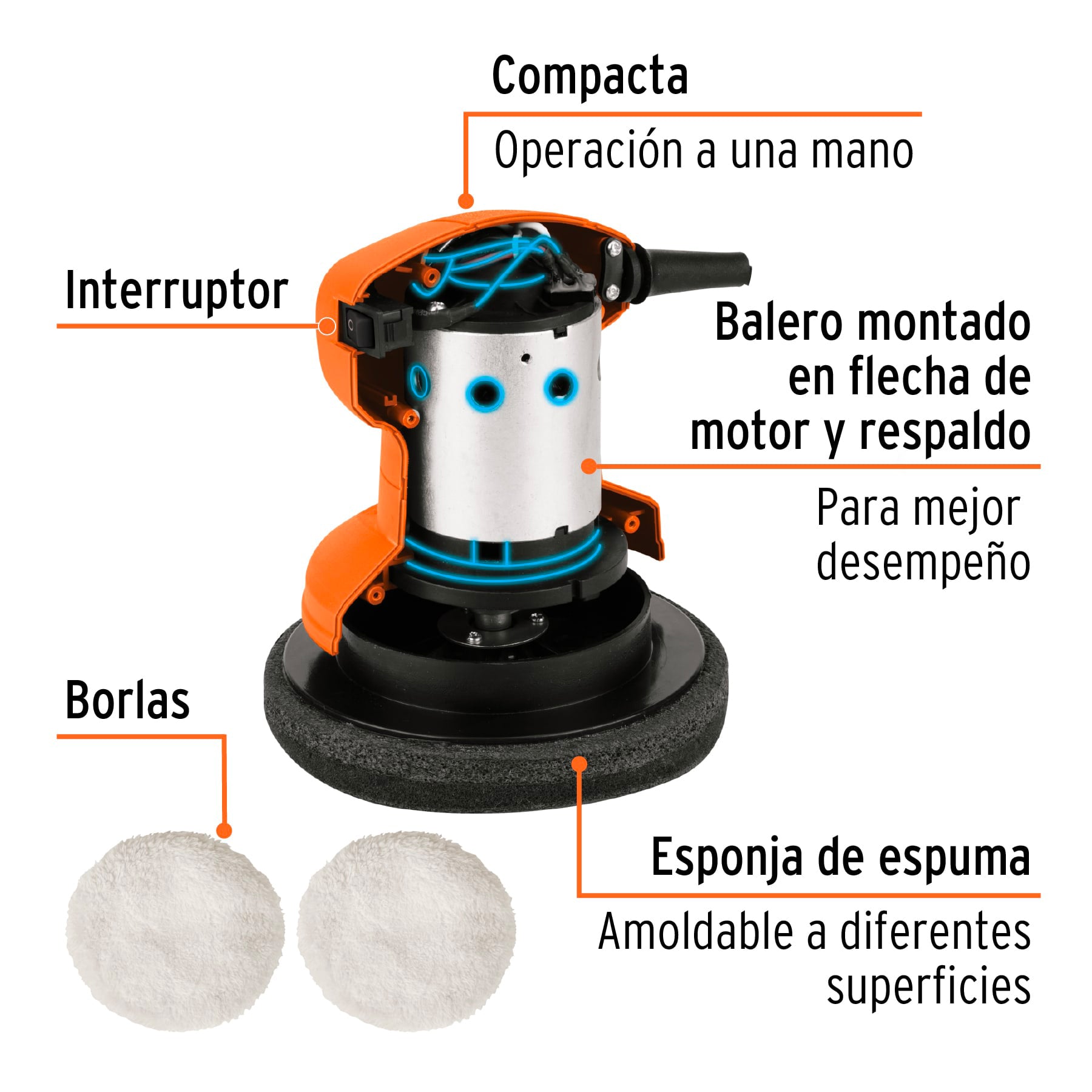 Pulidora compacta a una mano, 6", 45W, Truper PRO