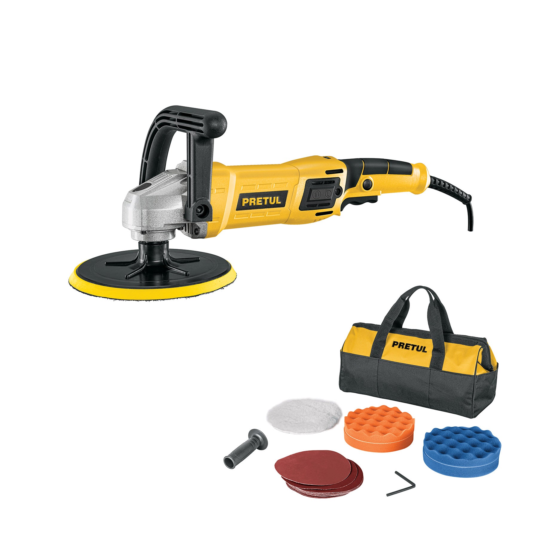 Pulidora velocidad variable 7" 1200W, con accesorios, Pretul