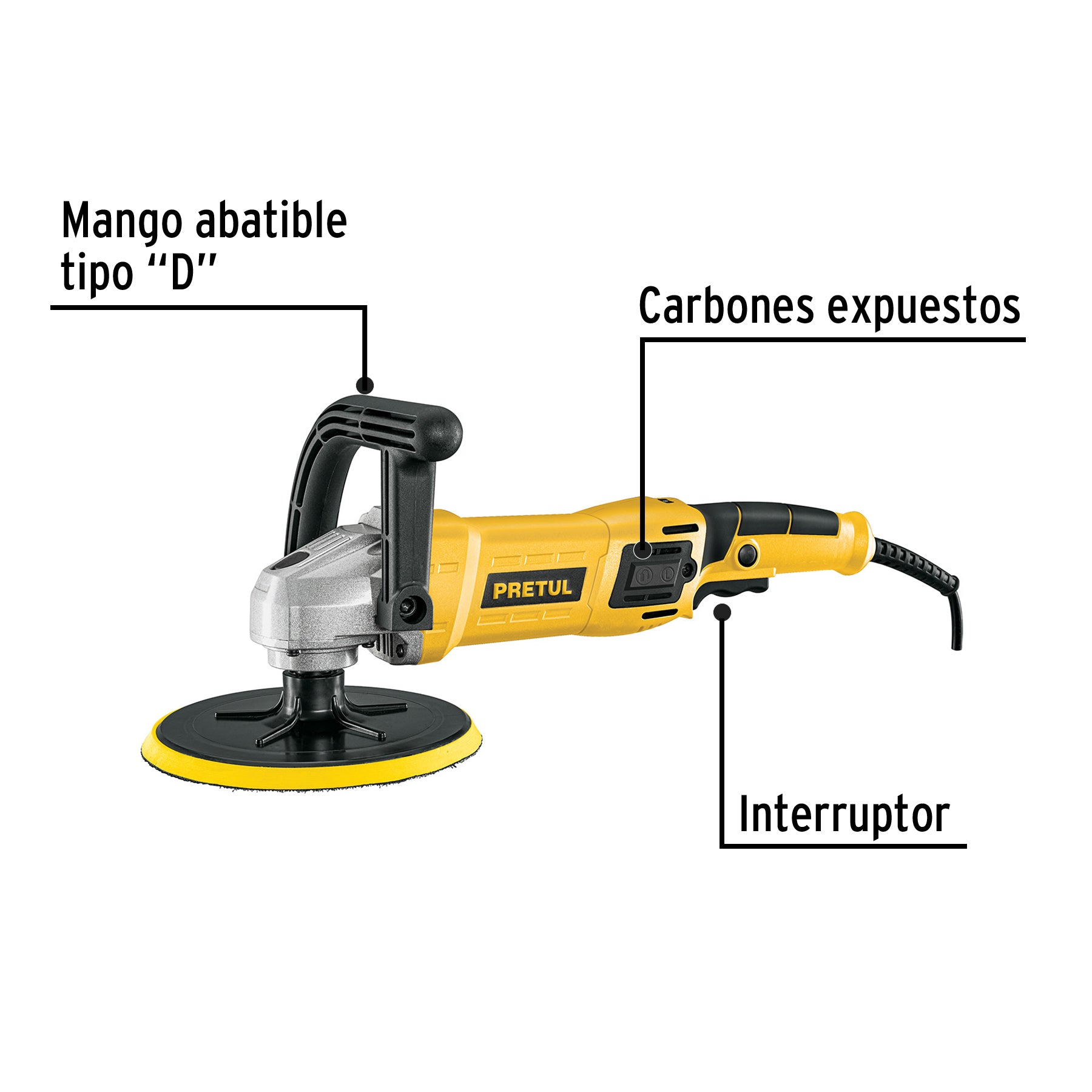 Pulidora velocidad variable 7" 1200W, con accesorios, Pretul