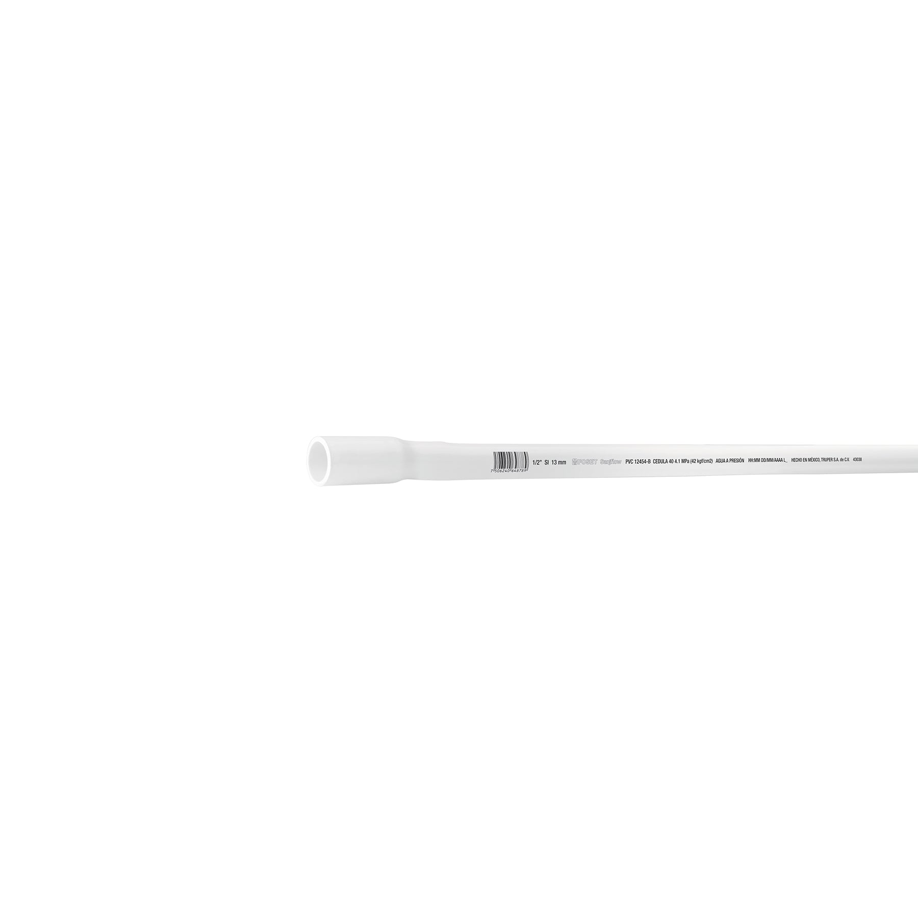 Tubo de 1/2" PVC hidráulico cédula 40, 3m, 0.7kg, Foset