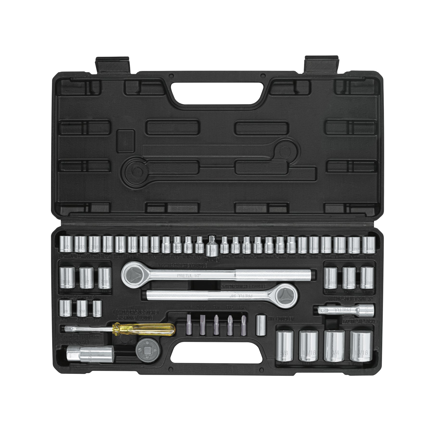 Juego 51 herramientas 1/4", 3/8" y 1/2" para mecánico, Pretul