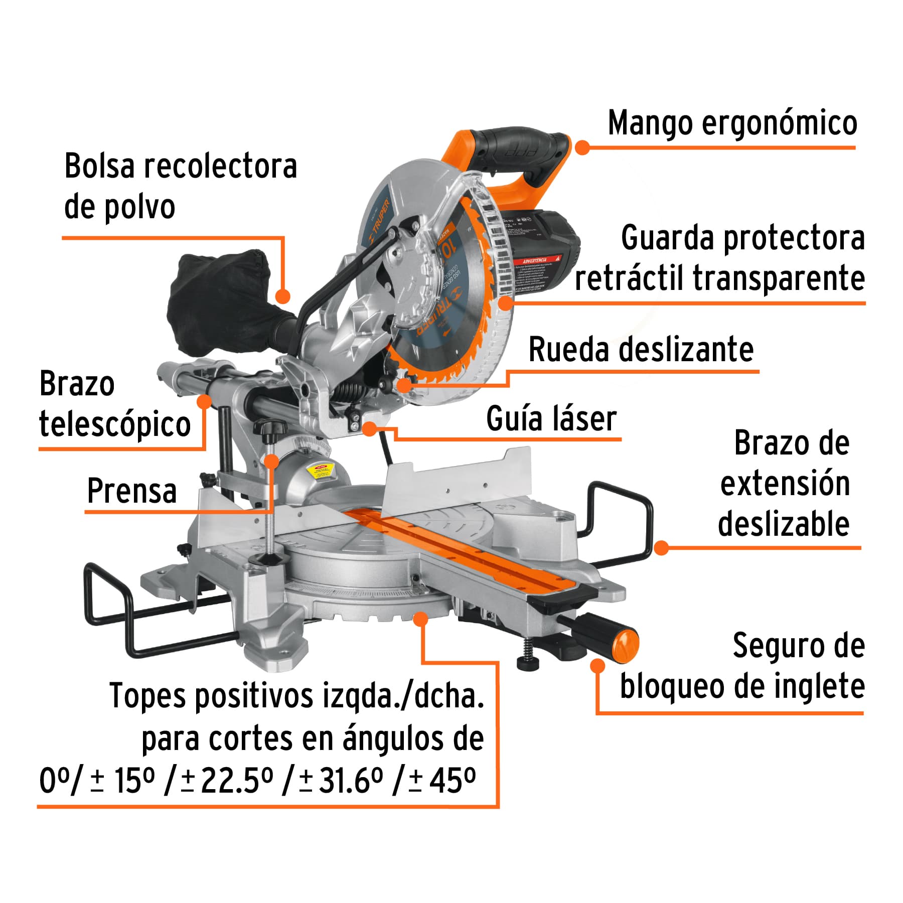 Sierra de inglete 10", 1900W telescópica compuesta, Truper