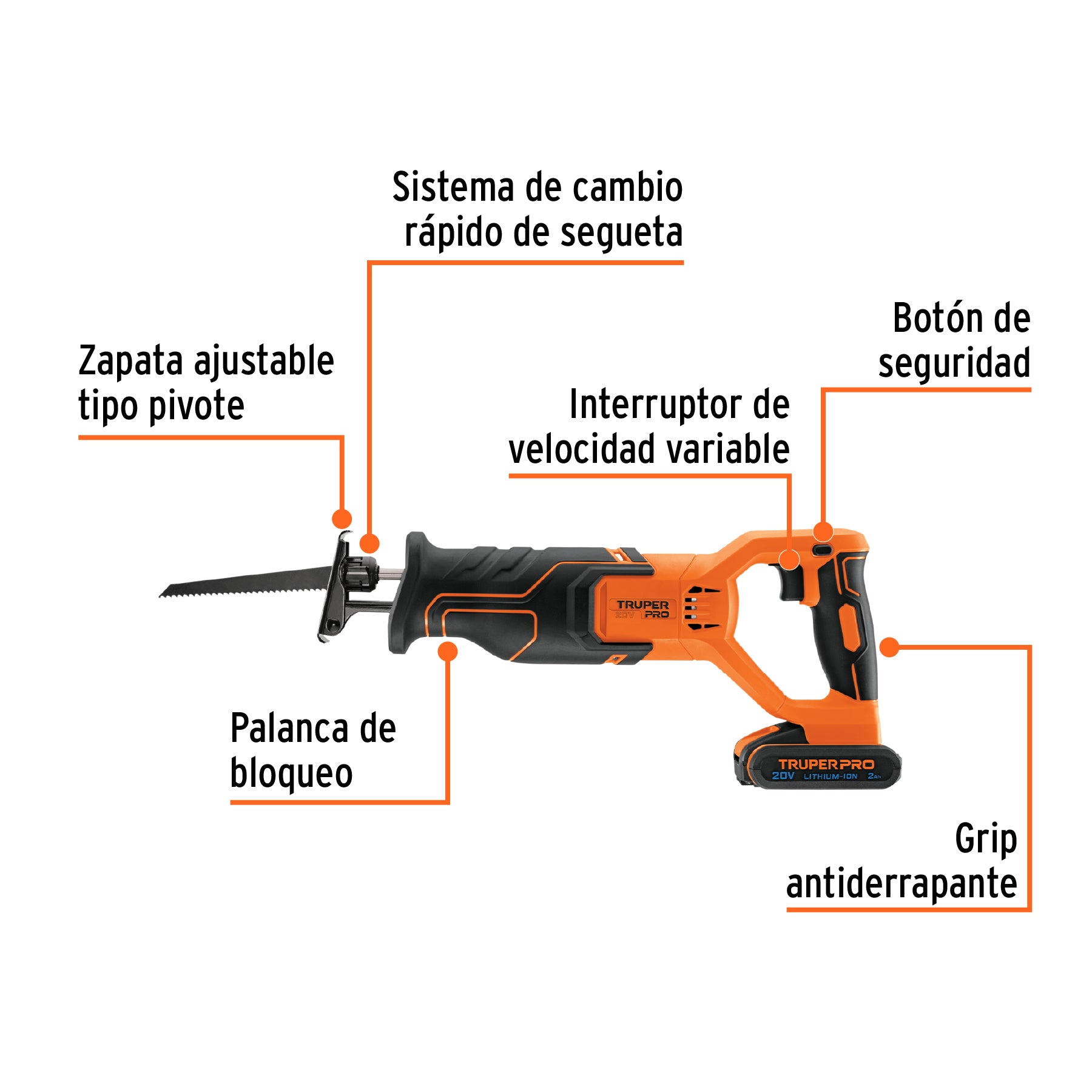Sierra sable inalámbrica, 20V, 1 batería 2Ah, PRO