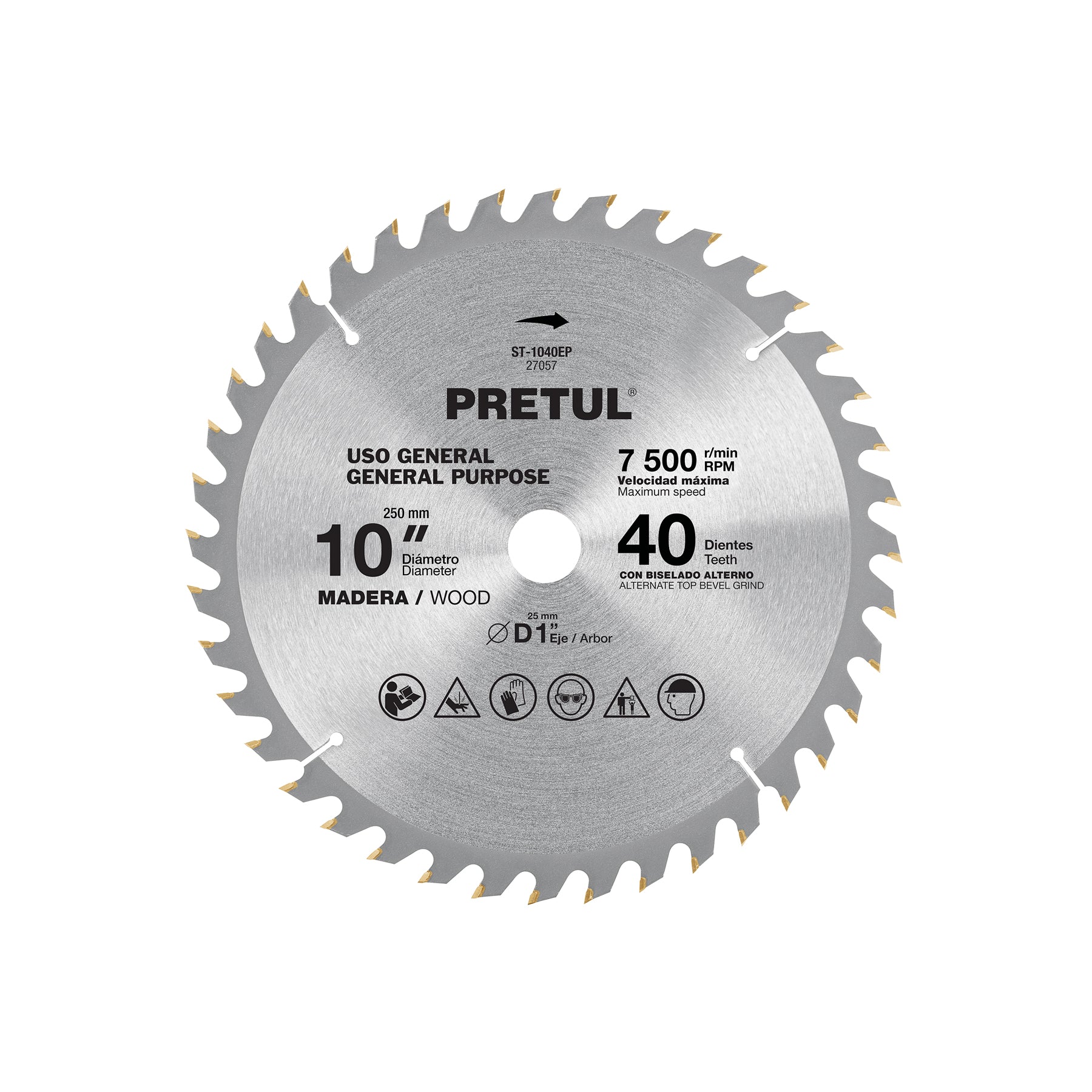 Disco sierra 10" para madera, 40 dientes centro 1", Pretul, ST-1040EP, 27057