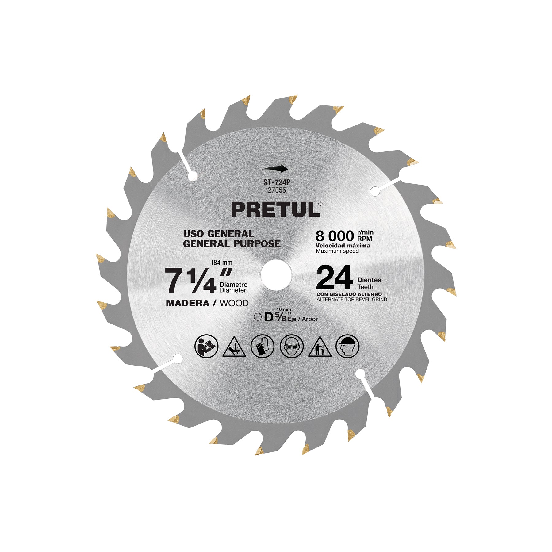Disco sierra 7-1/4" para madera, 24 dientes centro 5/8", Pretul, ST-724P, 27055