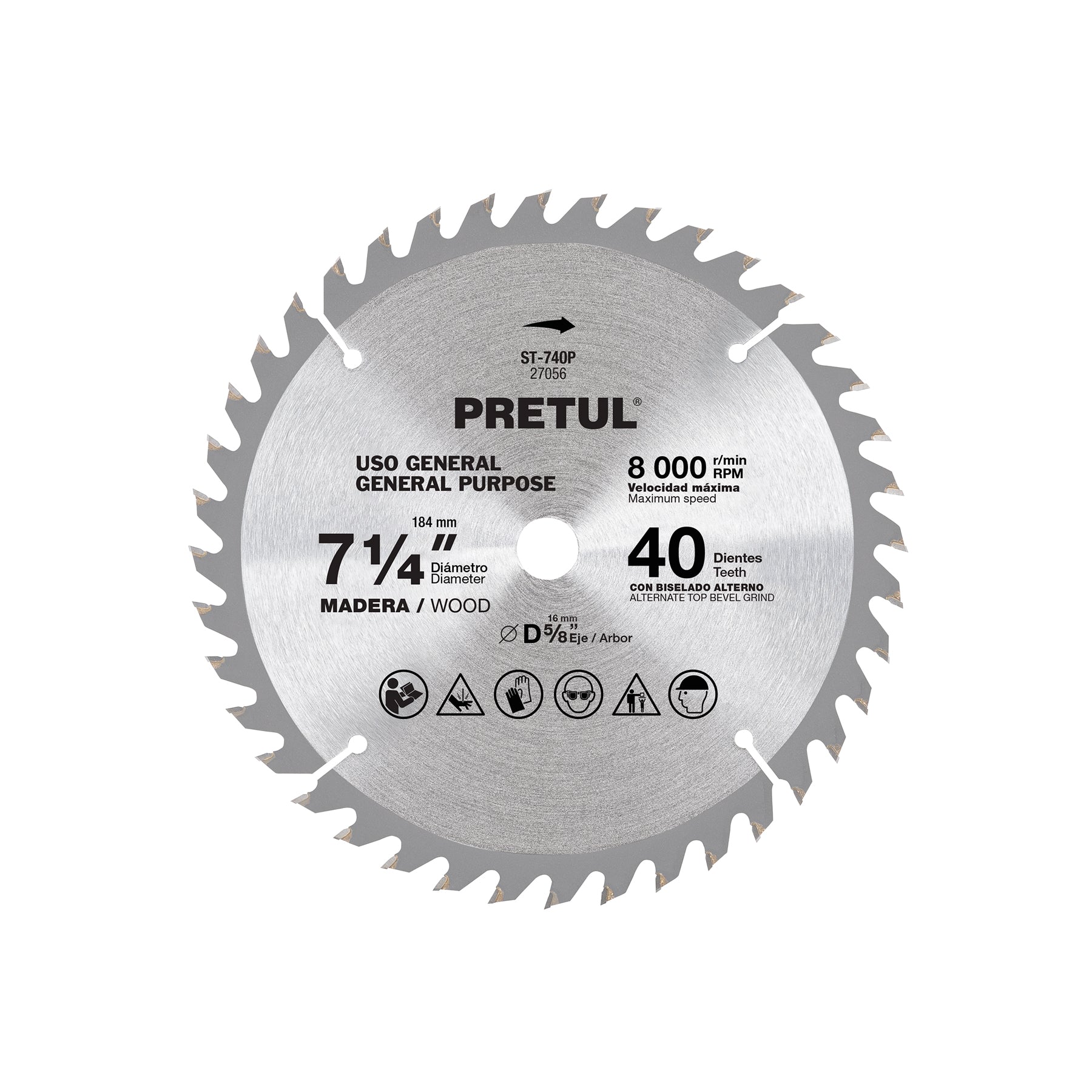 Disco sierra 7-1/4" para madera, 40 dientes centro 5/8", Pretul, ST-740P, 27056
