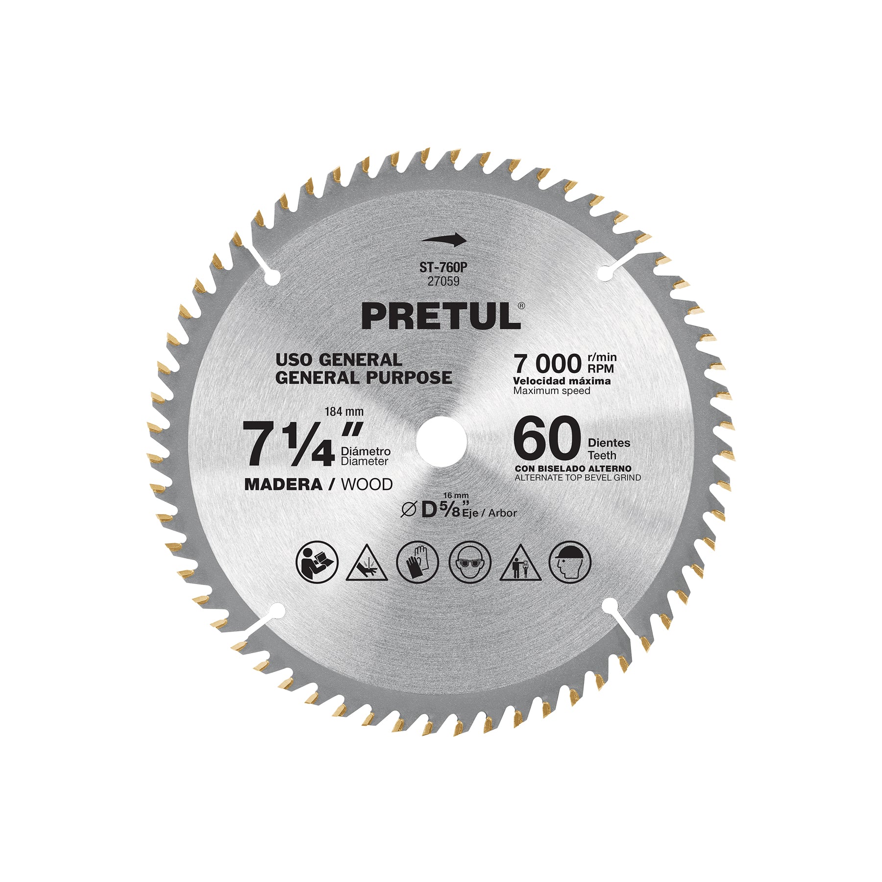 Disco sierra 7-1/4" para madera, 60 dientes centro 5/8", Pretul, ST-760P, 27059