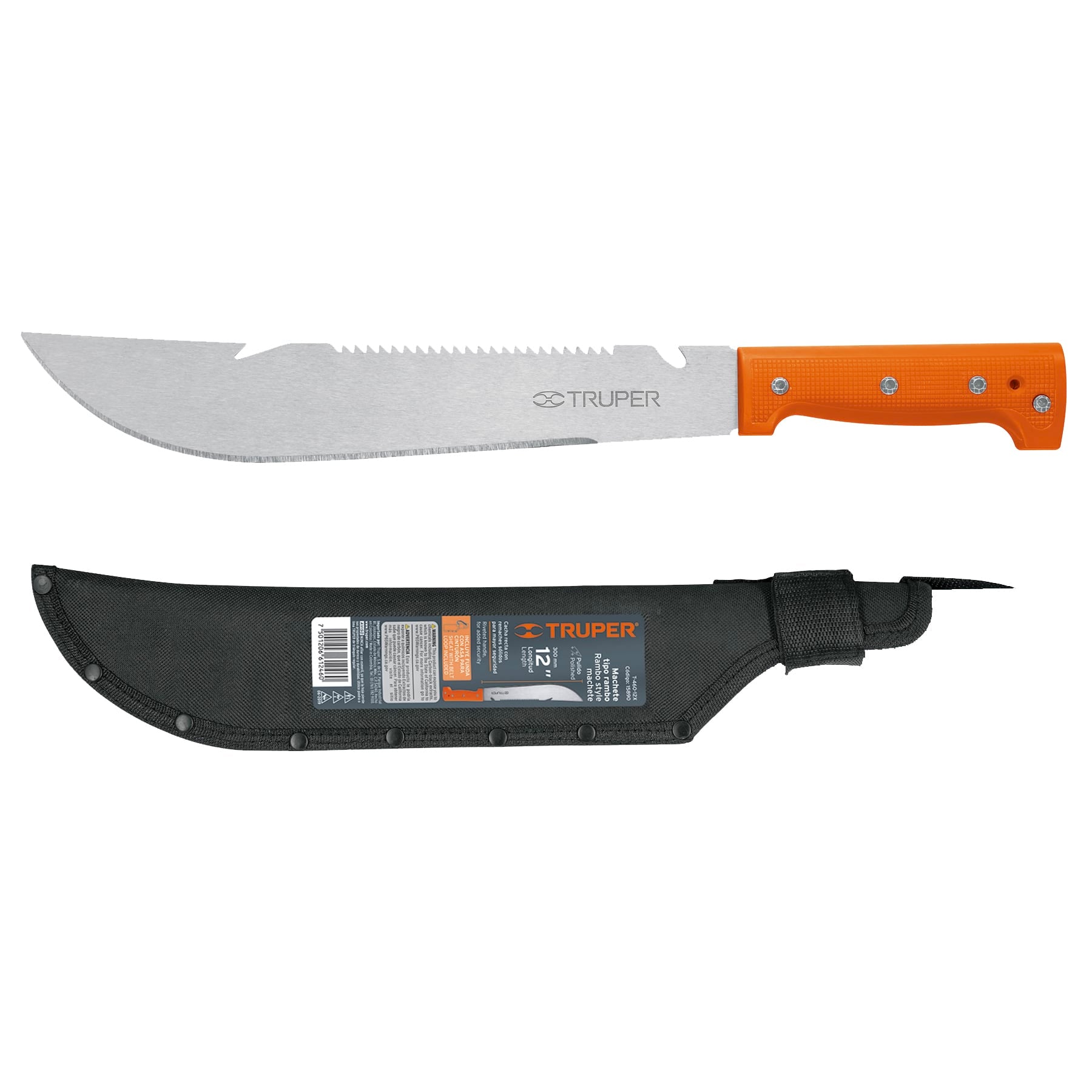 Machete rambo 12",cacha remachada naranja, con funda, Truper
