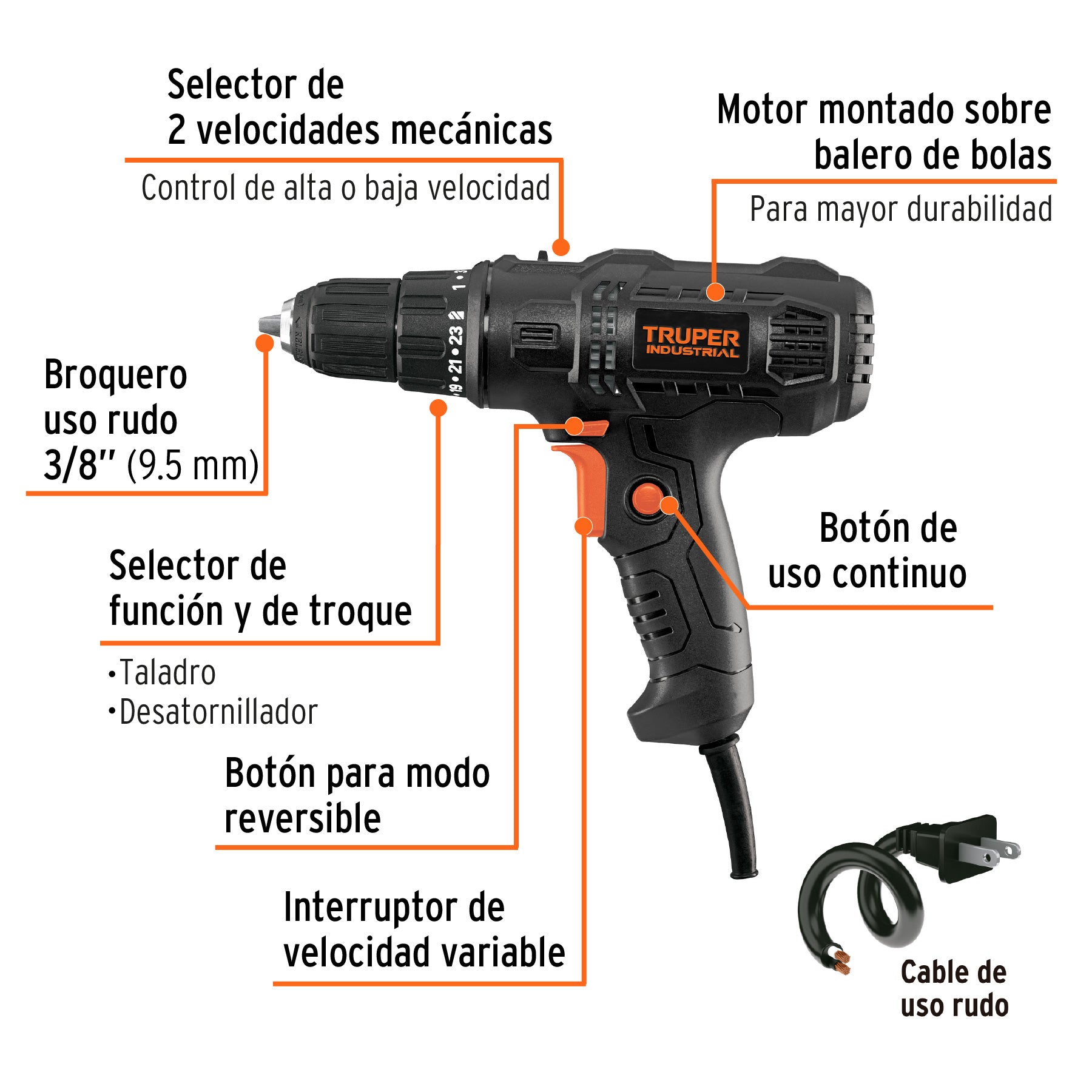 Taladro atornillador 3/8", 400W, Truper industrial