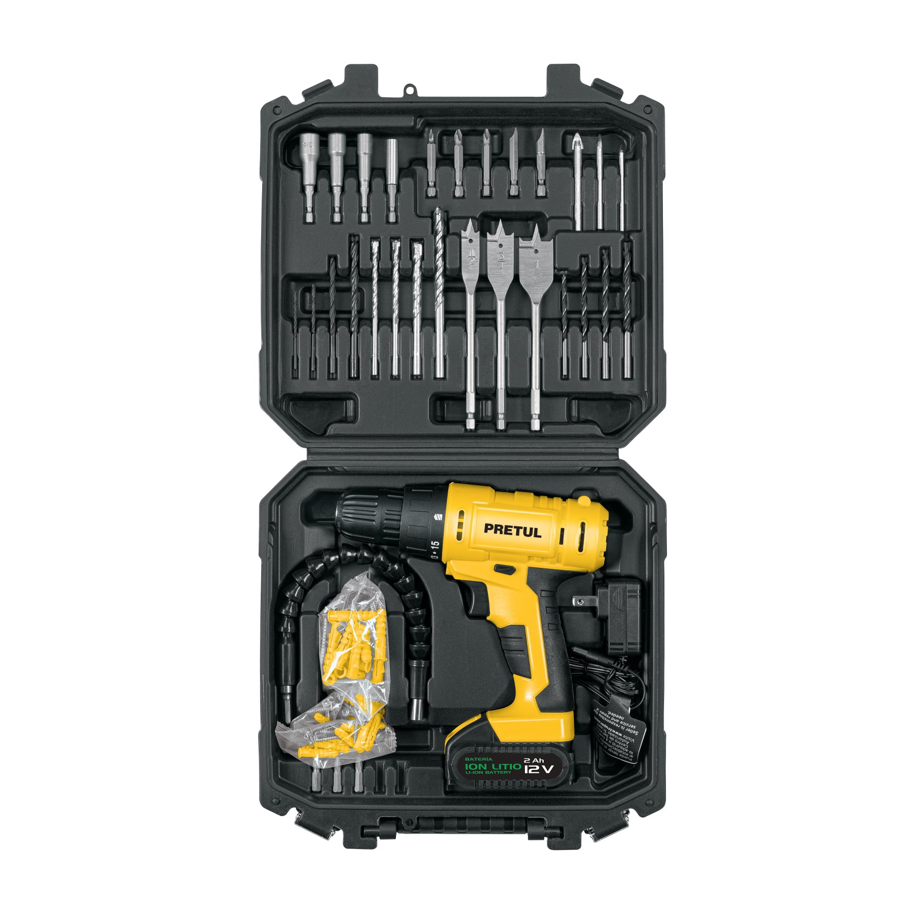 Kit taladro 3/8", 12V, 33 accesorios, en estuche, Pretul