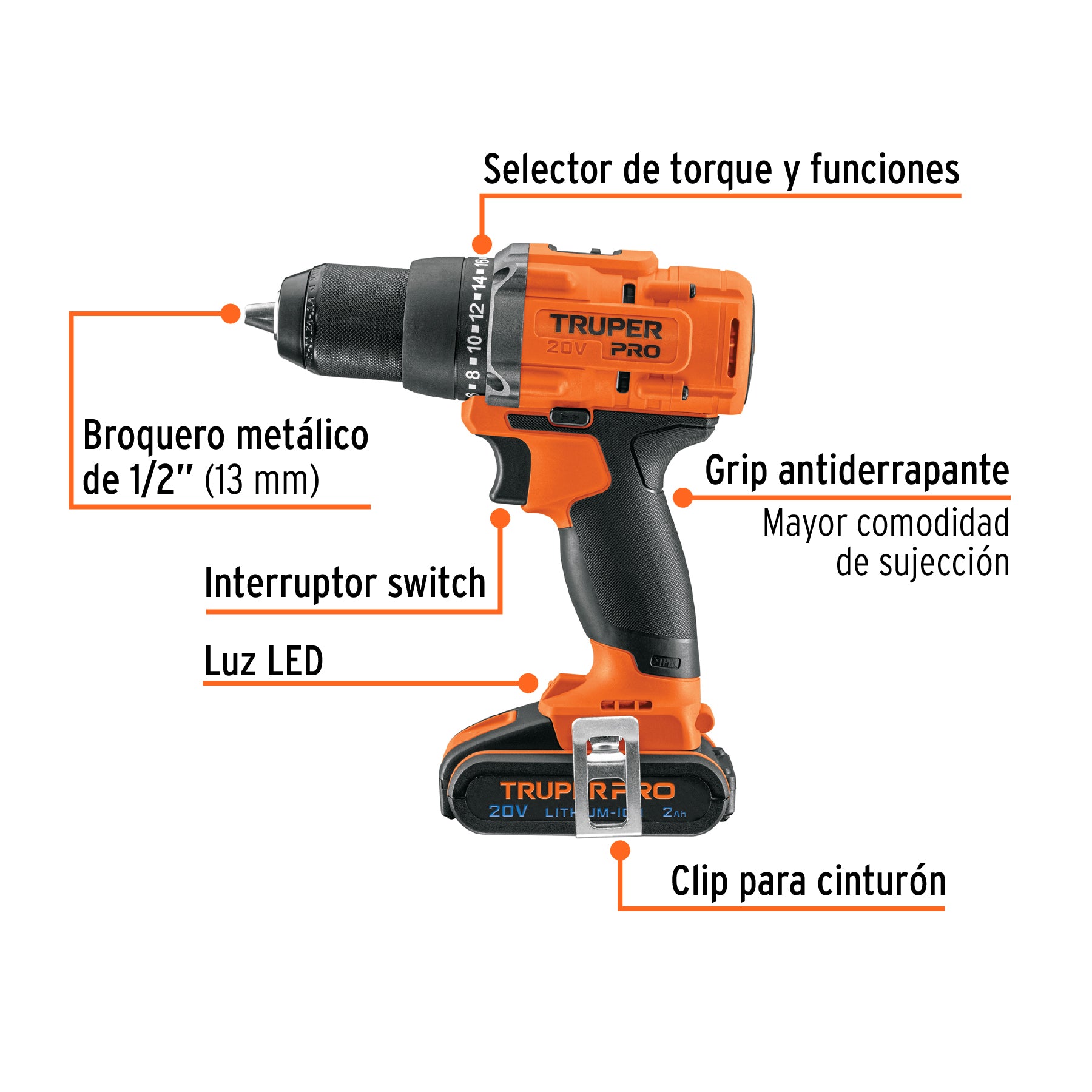 Taladro inalámbrico 1/2", 20V, 1 batería 2Ah, PRO