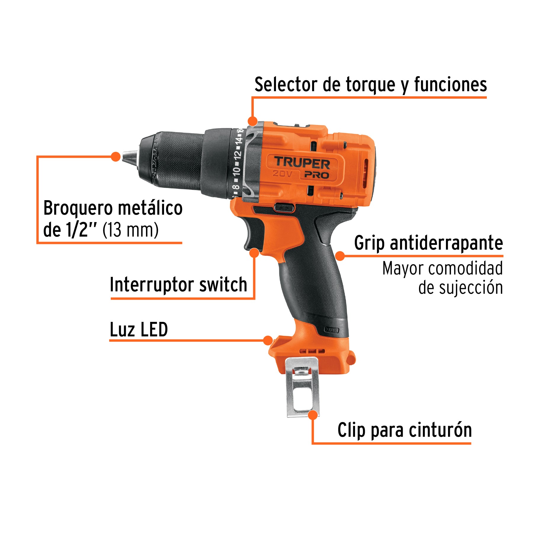 Taladro inalámbrico 1/2", 20V, sin accesorios, PRO