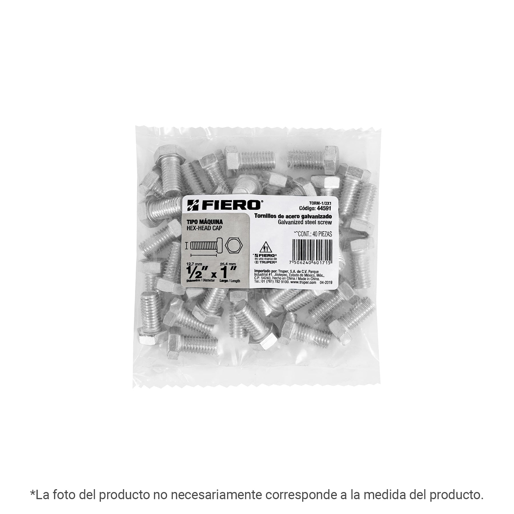 Bolsa con 8 tornillos 1/2" x 7" tipo máquina, Fiero