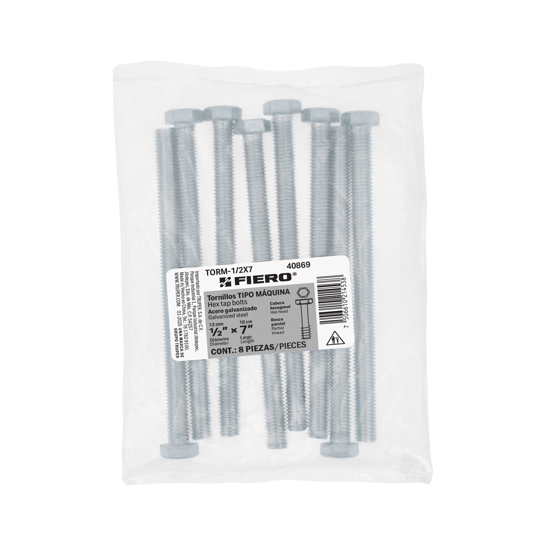 Bolsa con 8 tornillos 1/2" x 7" tipo máquina, Fiero