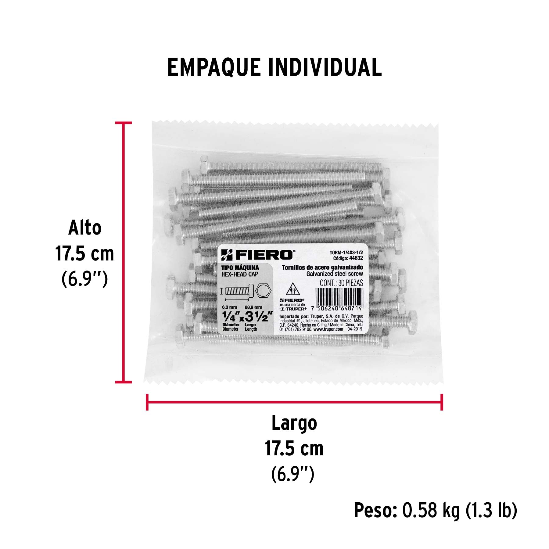 Bolsa con 30 tornillos 1/4" x 3-1/2" tipo máquina, Fiero
