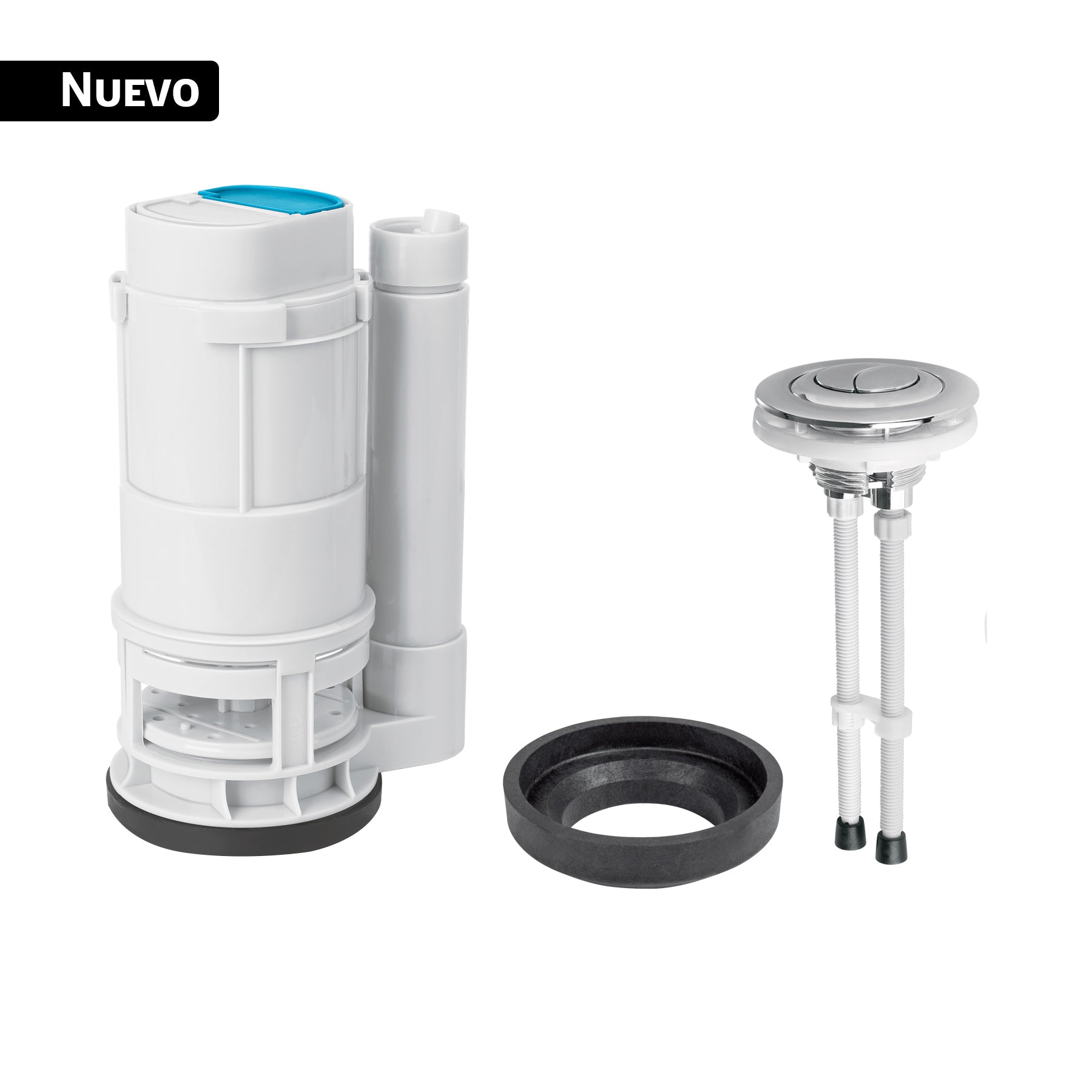 Válvula de descarga dual para WC de 2 pcs, 3" c/empaque y botón