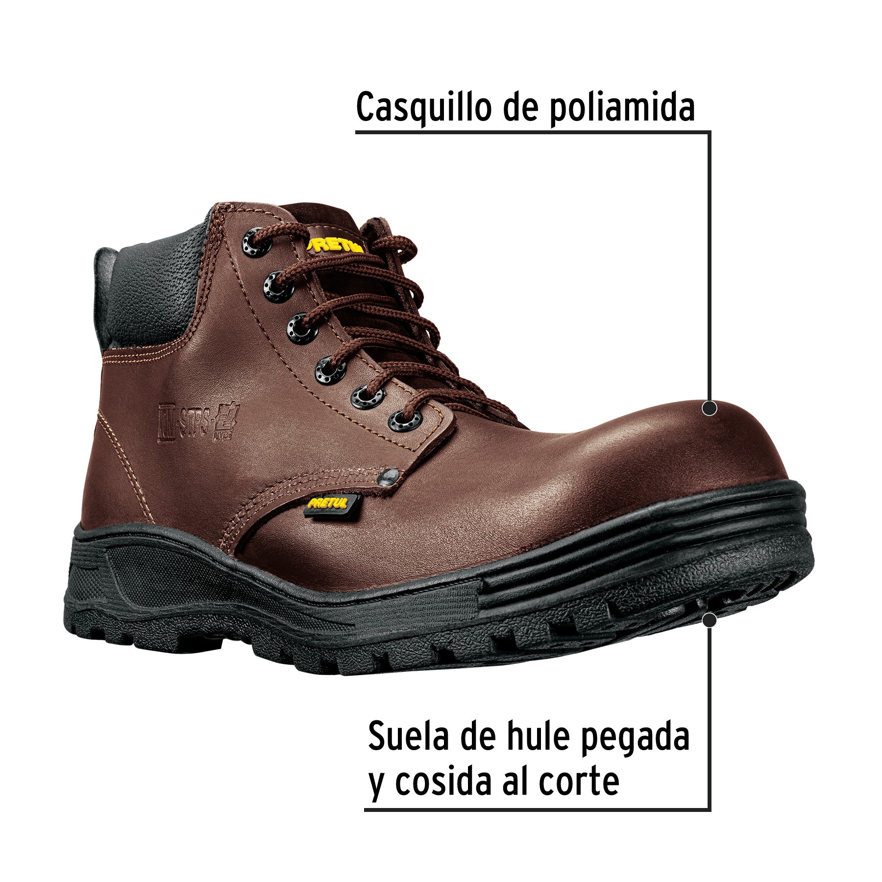 Bota de seguridad café, #24, casquillo de poliamida, Pretul