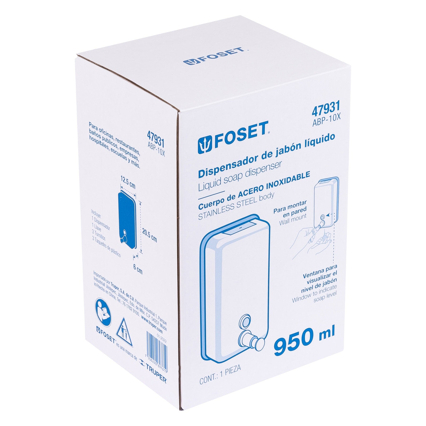 Dosificador de acero inoxidable para jabón líquido, Foset