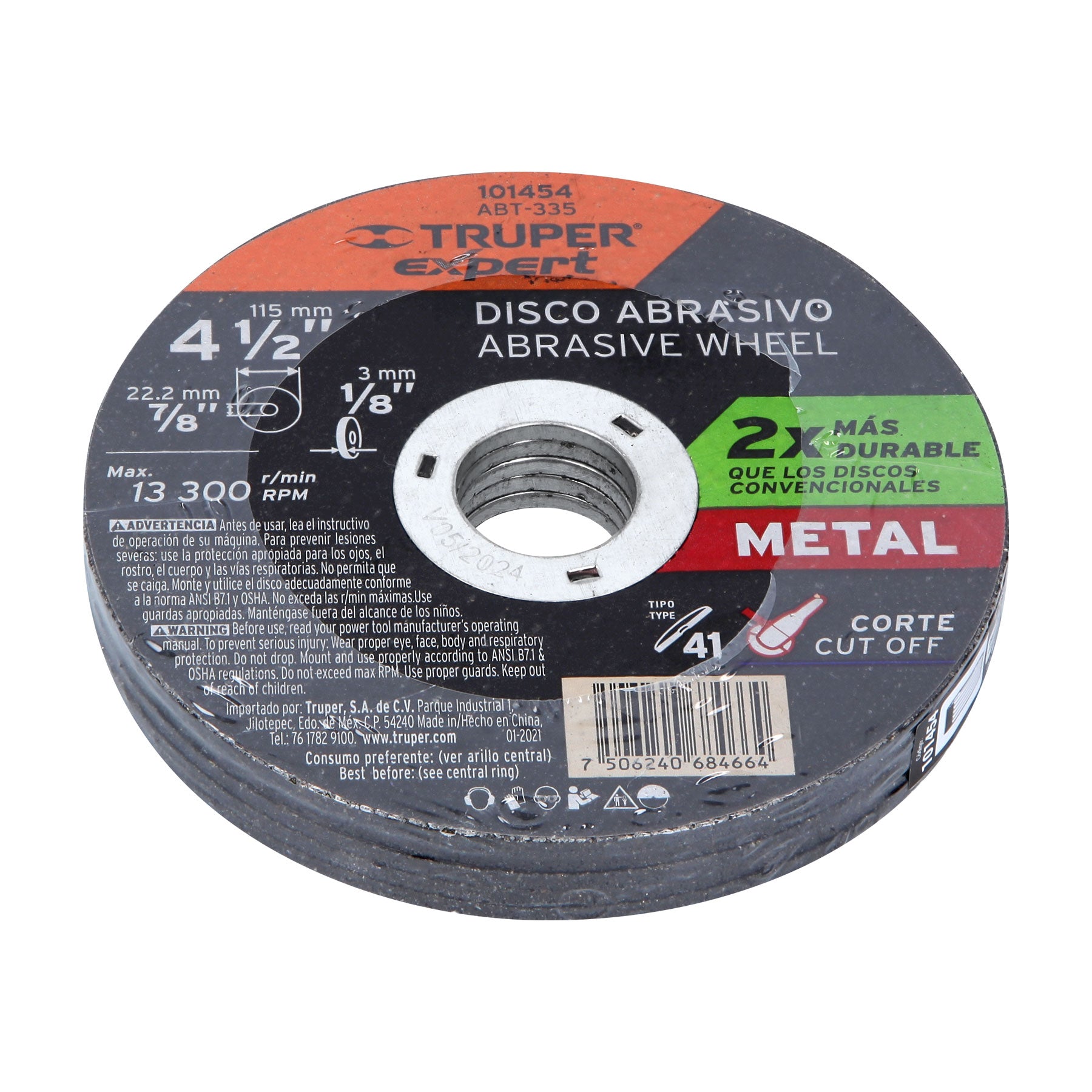 Disco para corte de metal 4-1/2" tipo 41, Truper Expert