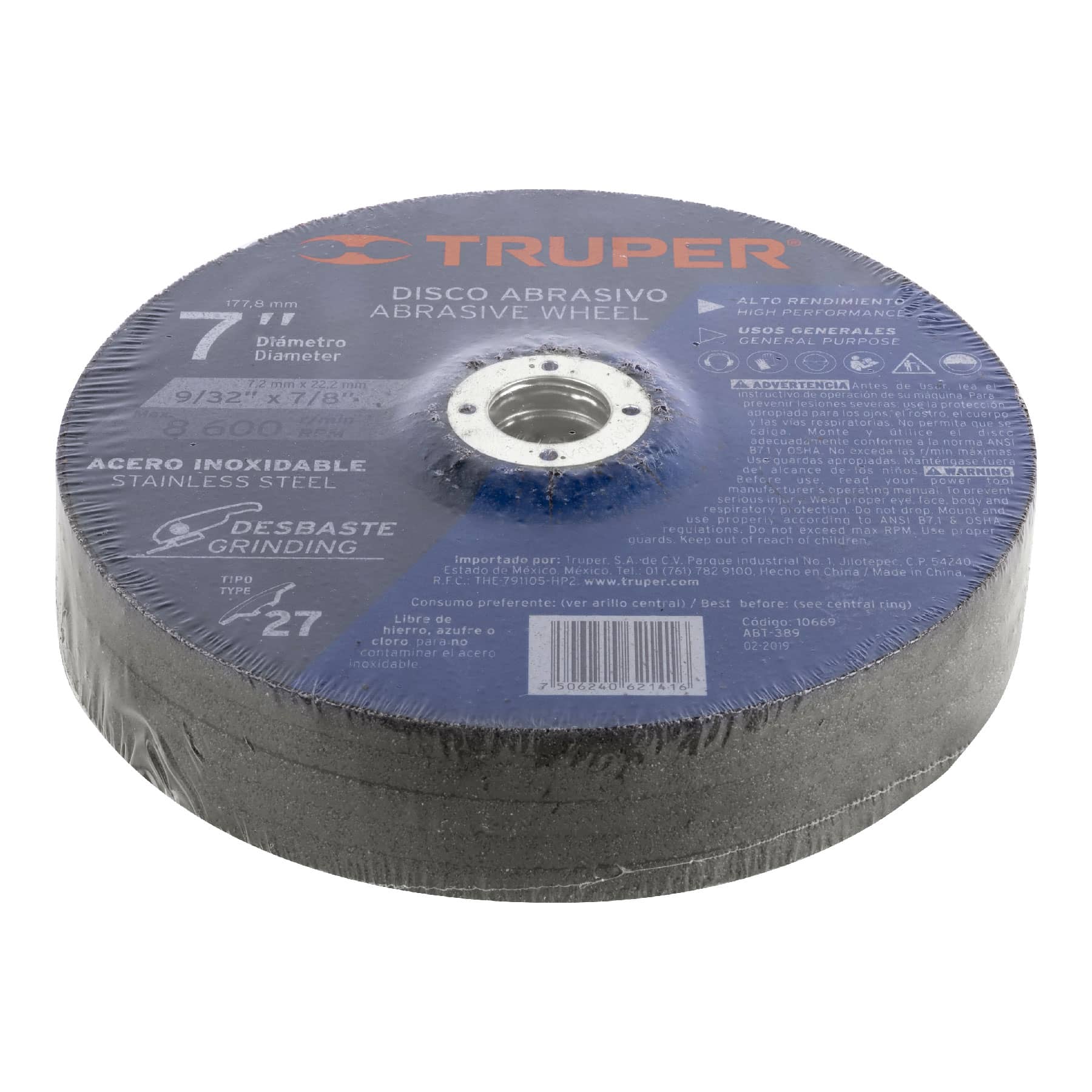 Disco Tipo 27 de 7" x 7.2 mm desbaste de acero inoxidable