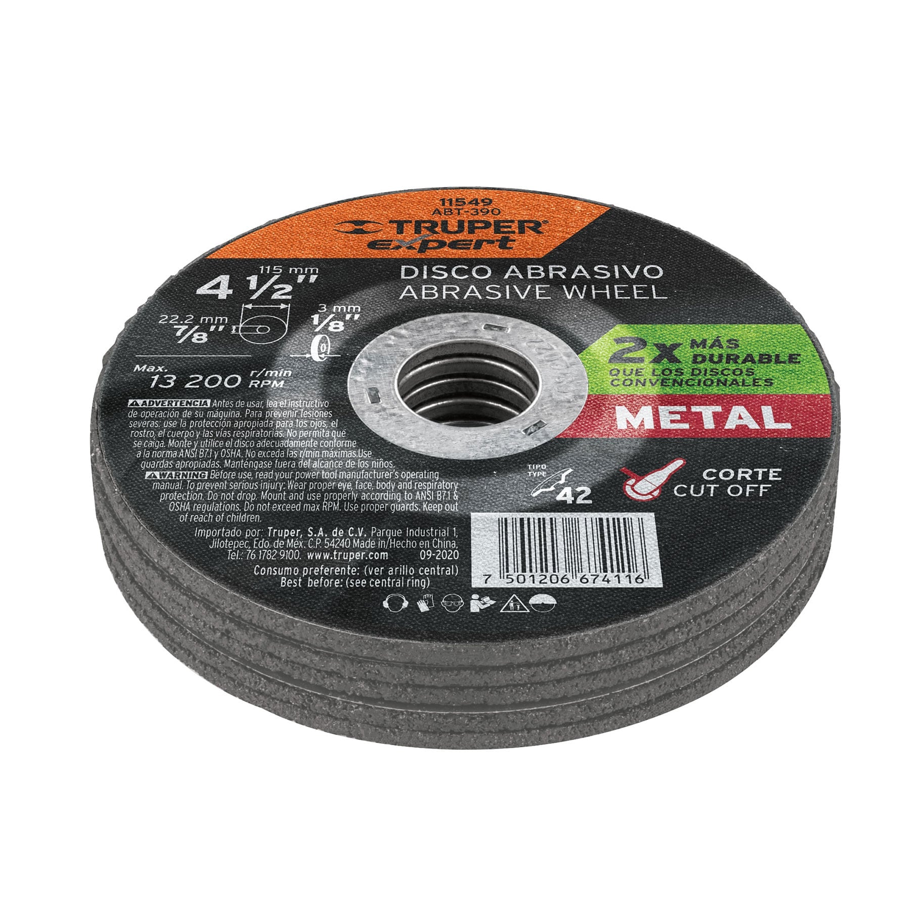 Disco Tipo 42 de 4-1/2" x 3.2 mm corte metal, Truper Expert