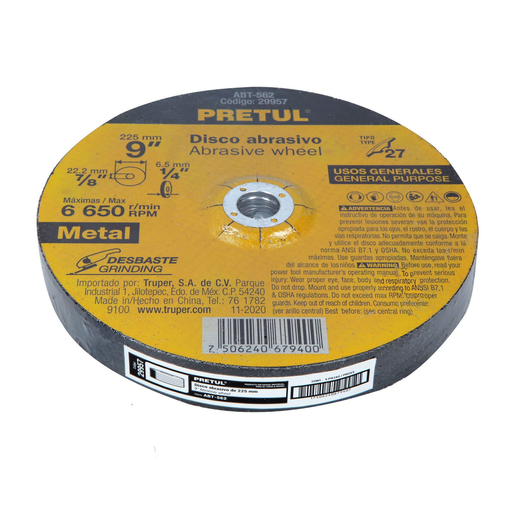 Disco Tipo 27 de 9" x 6.2 mm desbaste de metal, Pretul