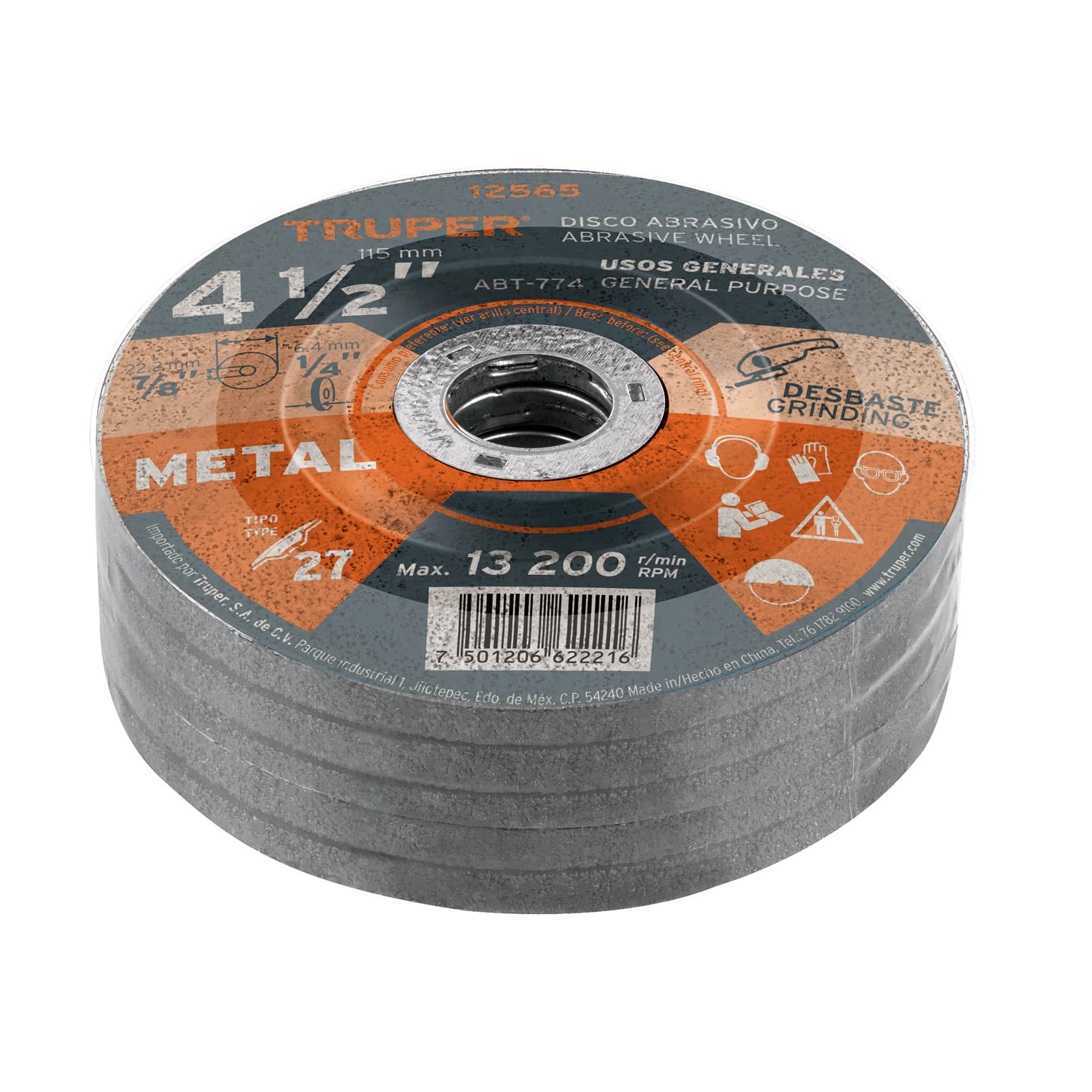 Disco Tipo 27 de 4-1/2" x 6.4 mm para desbaste de metal