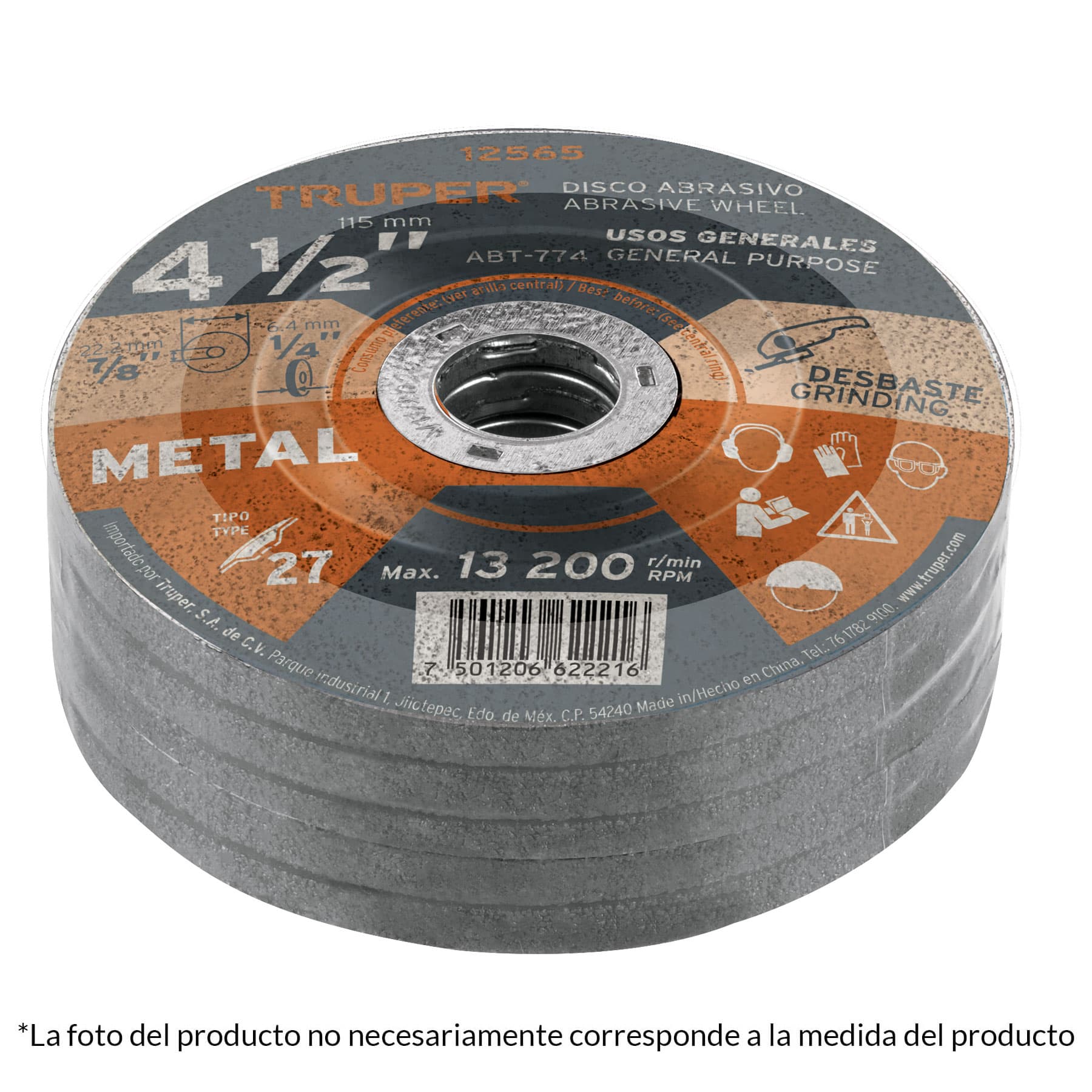 Disco Tipo 27 de 7" x 6.4 mm para desbaste de metal, Truper