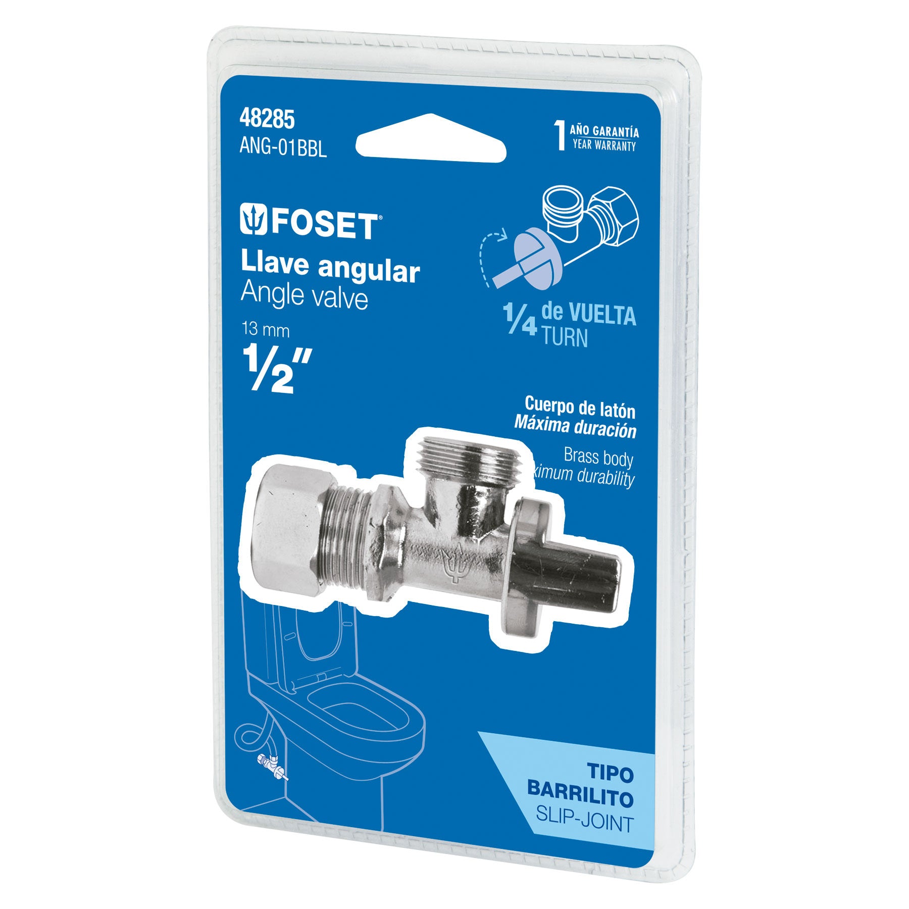 Llave angular de 1/2", 1/4 de vuelta, barrilito, blíster