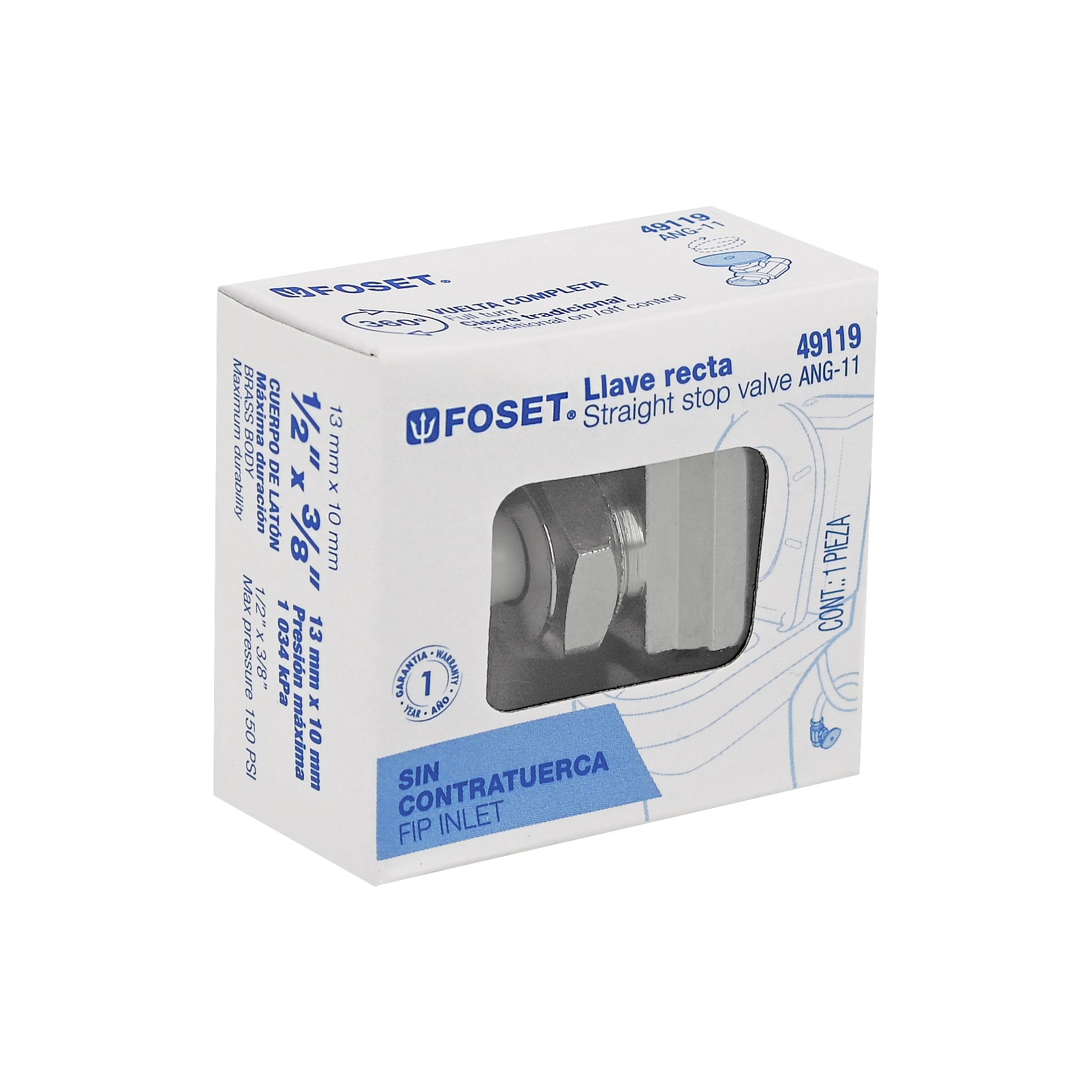 Llave angular de compresión recta 1/2" x 3/8", Foset