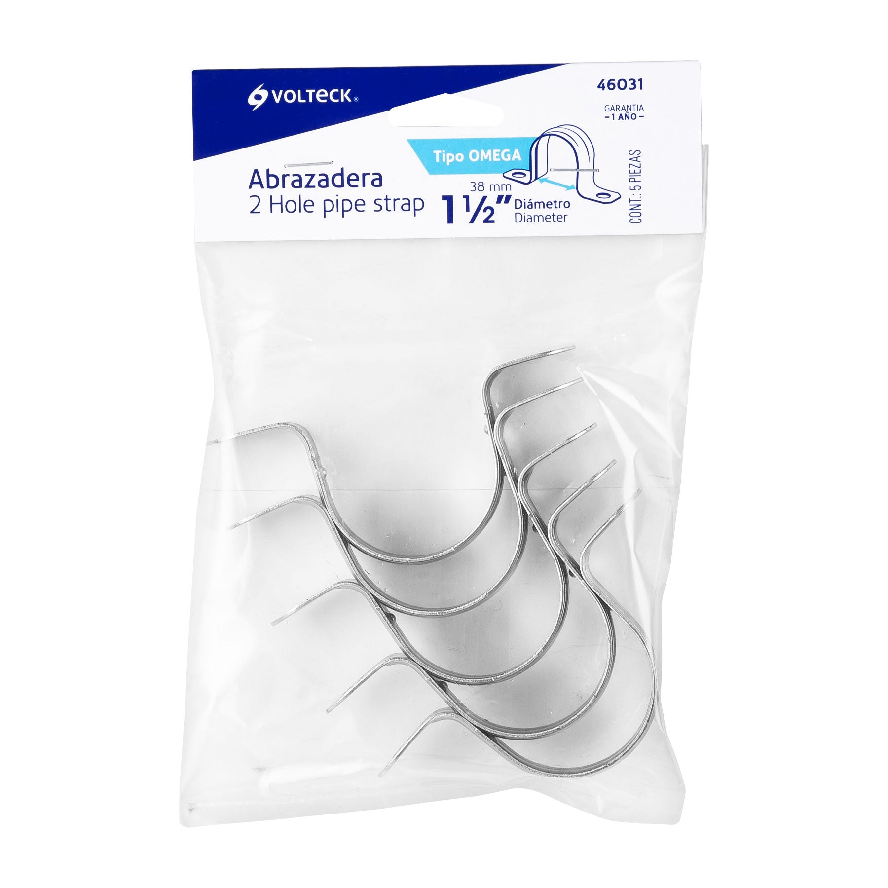 Bolsa con 5 abrazaderas 1-1/2" tipo omega para tubo, Volteck
