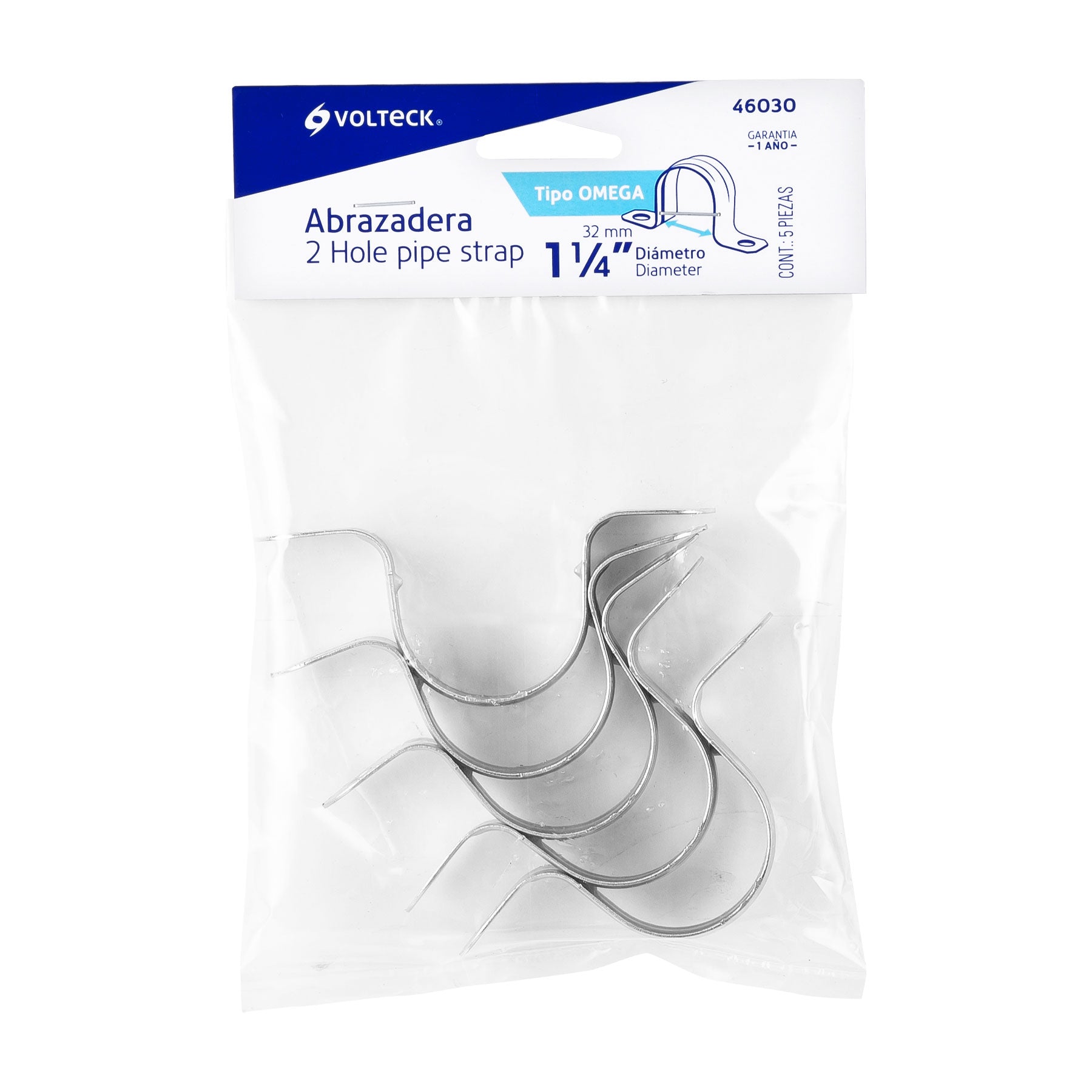 Bolsa con 5 abrazaderas 1-1/4" tipo omega para tubo, Volteck