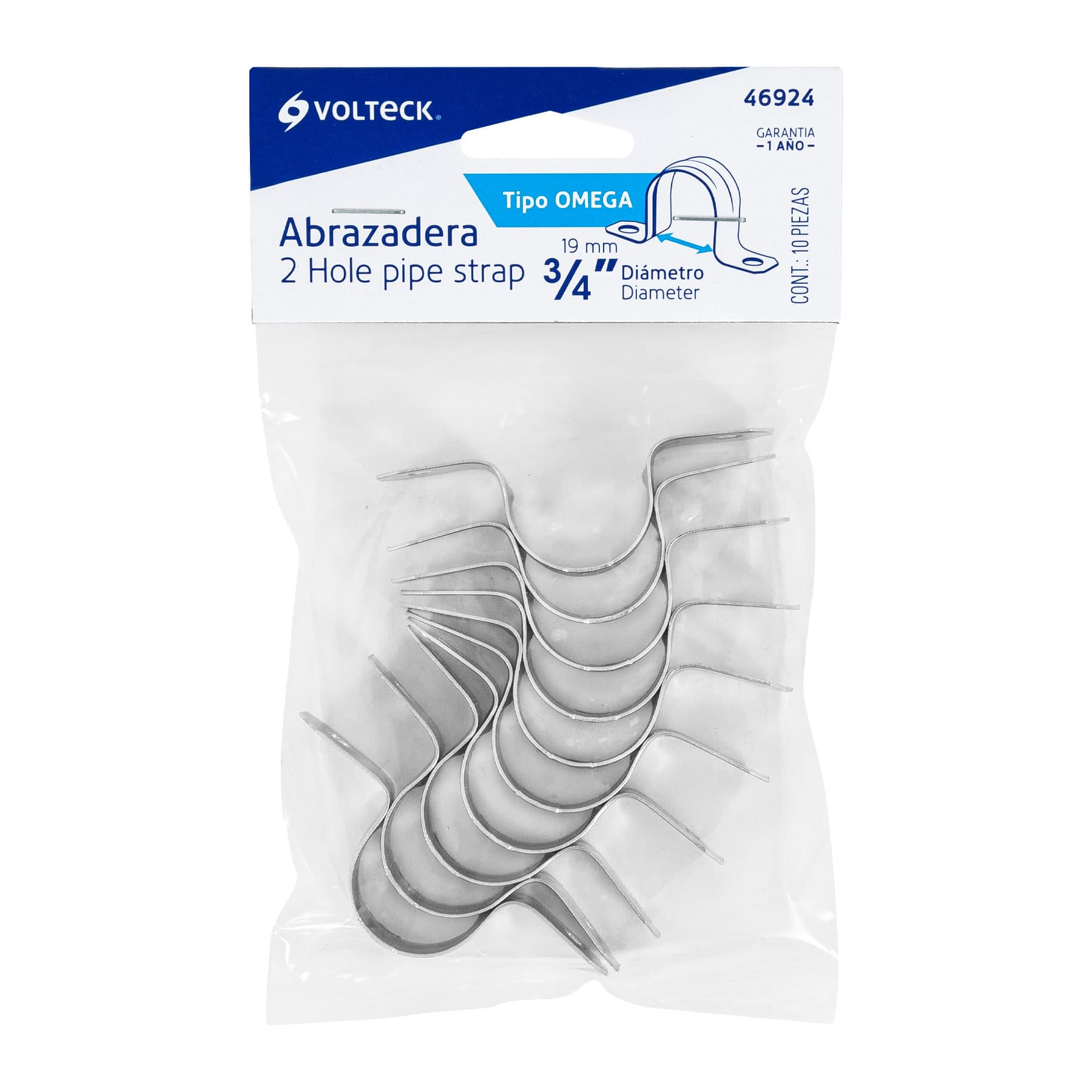 Bolsa con 10 abrazaderas 3/4" tipo omega para tubo, Volteck