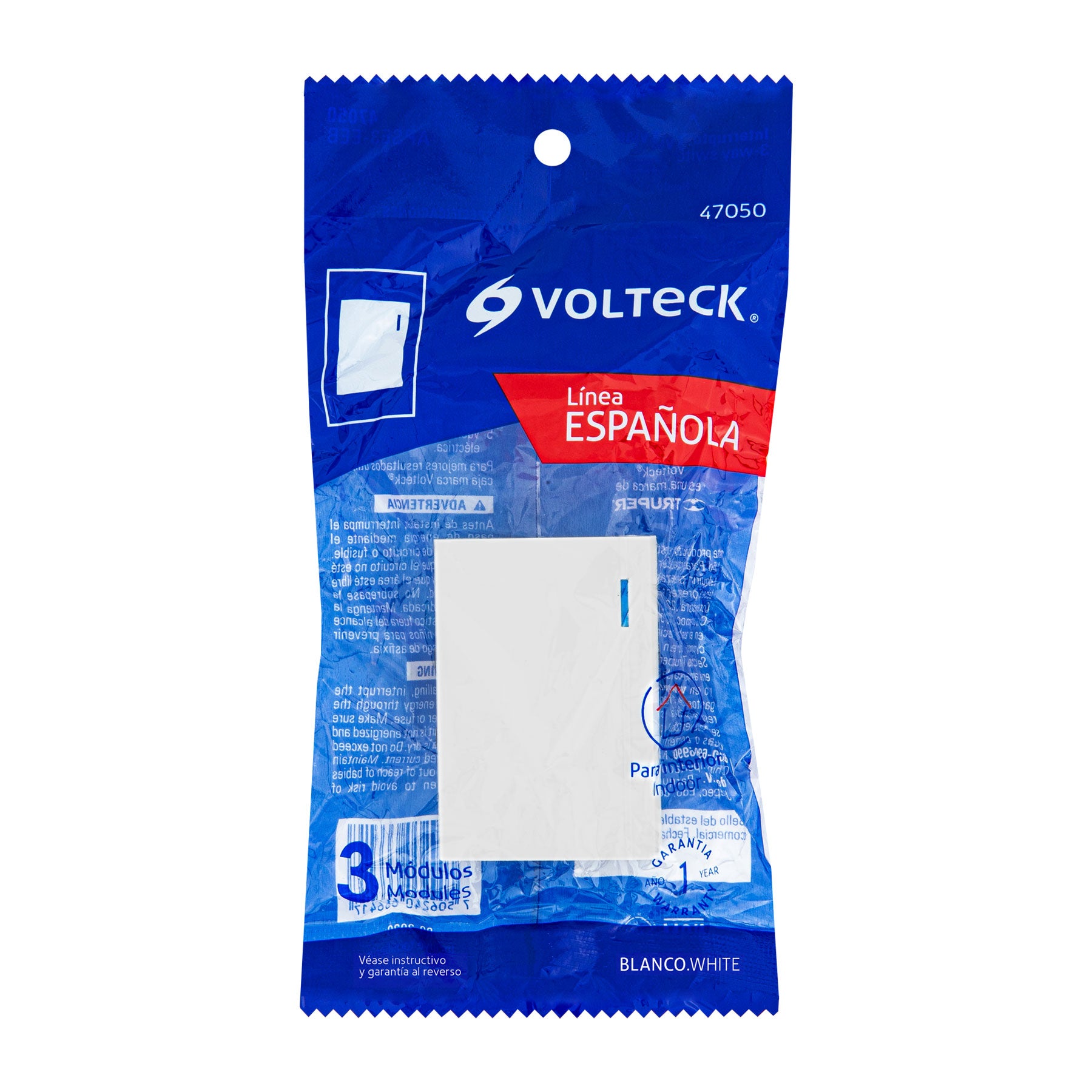 Interruptor de 3 vías, 3 módeloulos, línea Española, blanco