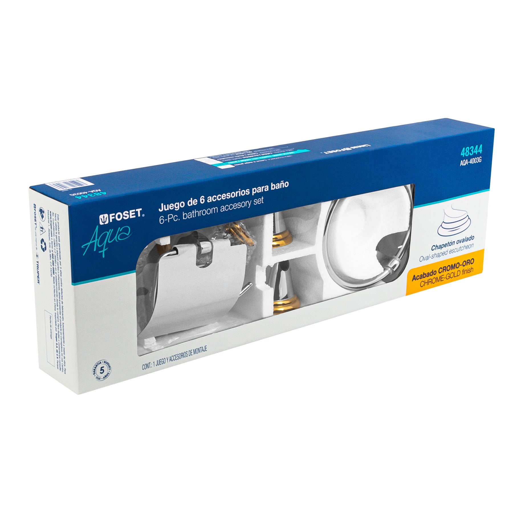 Juego de 6 acc. para baño cromo-oro chapetón ovalado, Aqua