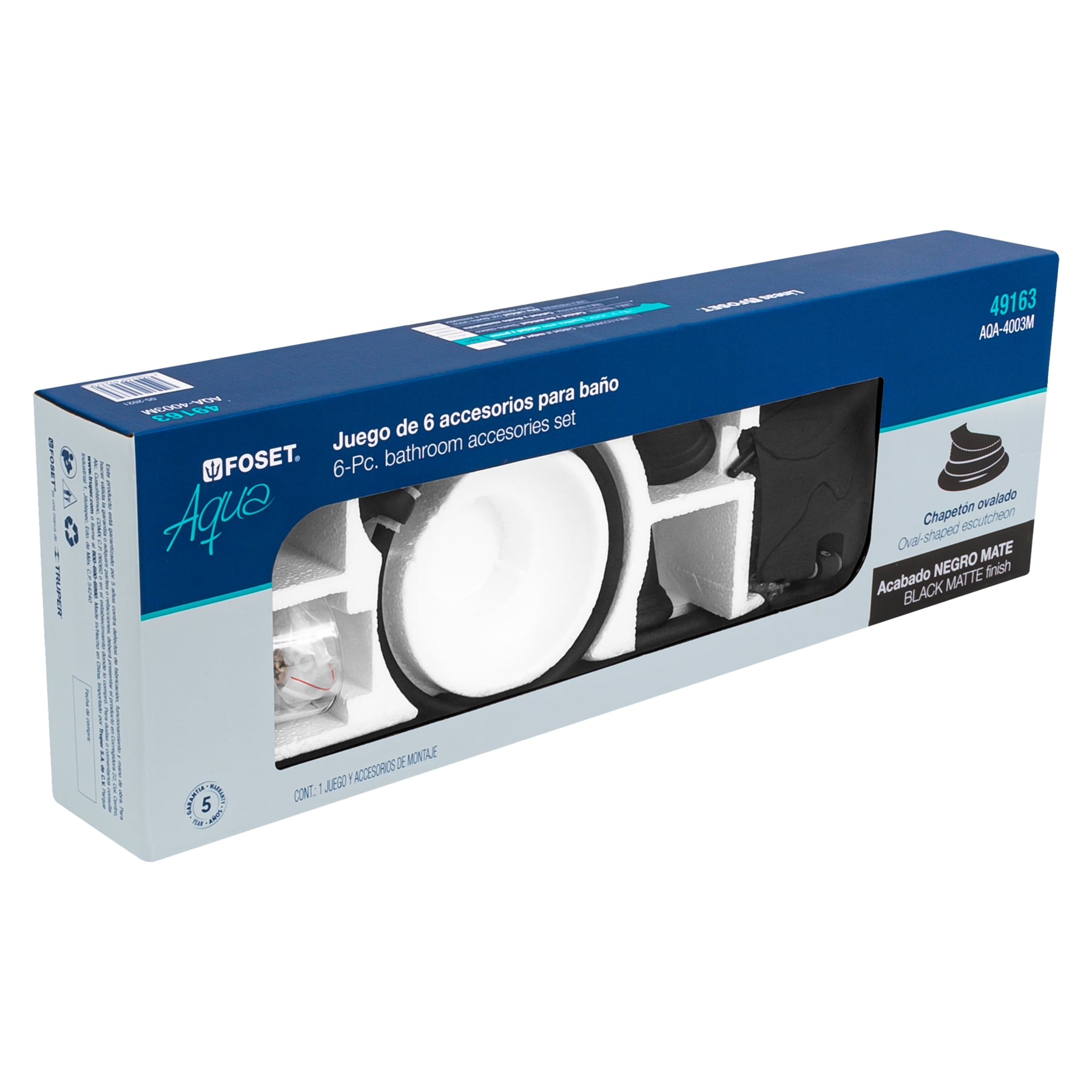 Juego de 6 acc. para baño negro mate chapetón ovalado, Aqua