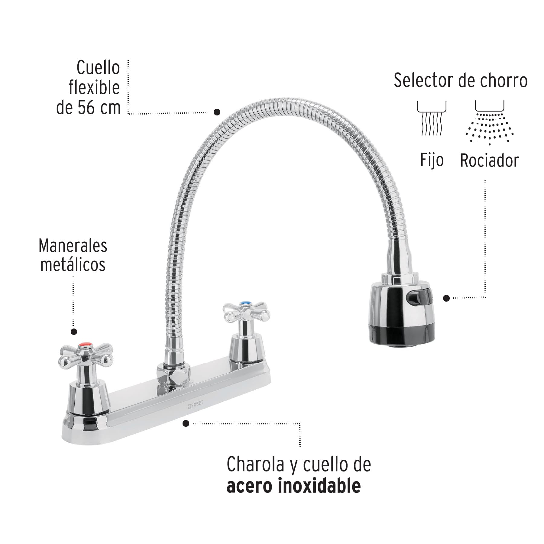 Mezcladora fregadero 8" cromo, cuello flexible, cruceta,AQUA