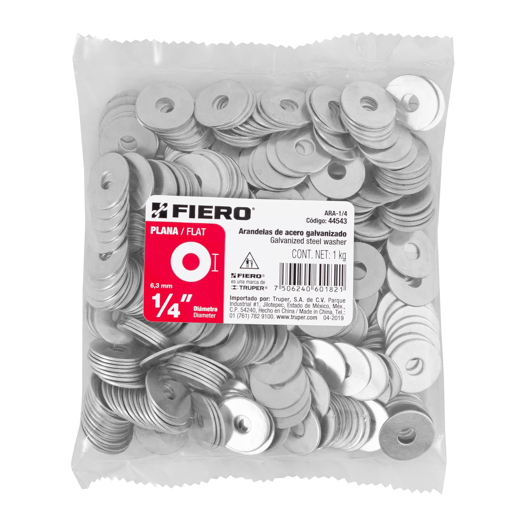 Bolsa de 1 kilo arandelas planas galvanizadas 1/4", Fiero