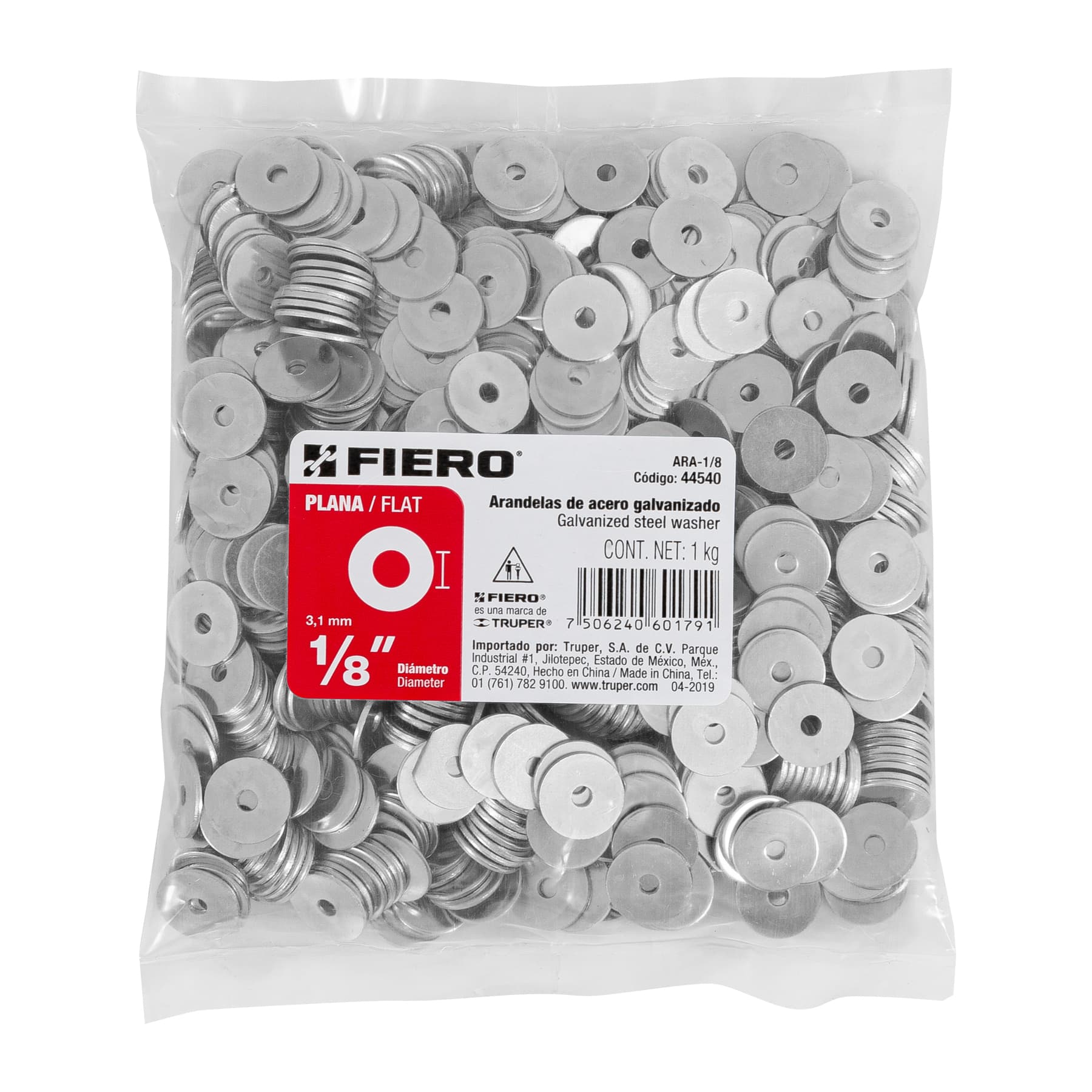 Bolsa de 1 kilo arandelas planas galvanizadas 1/8", Fiero