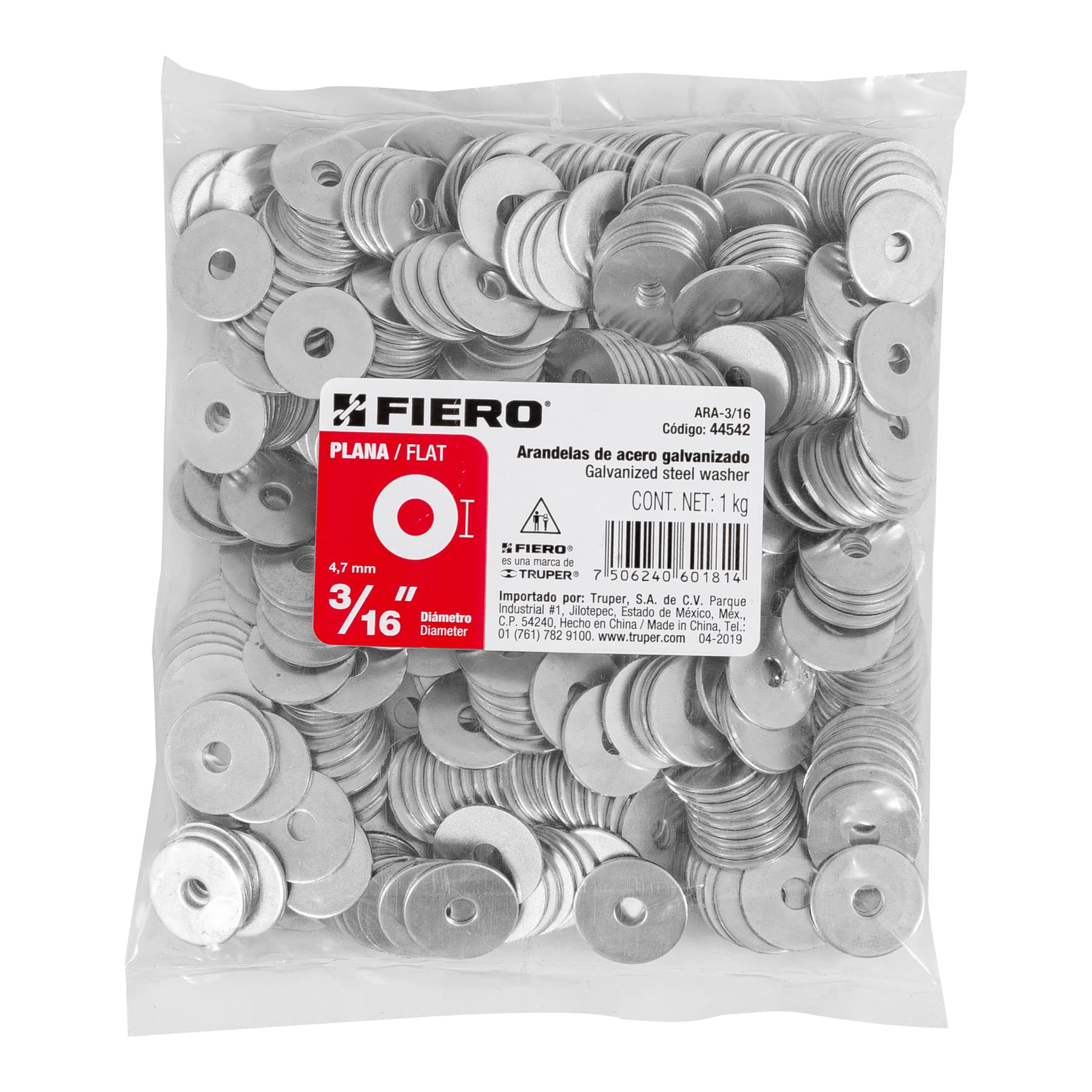Bolsa de 1 kilo arandelas planas galvanizadas 3/16", Fiero