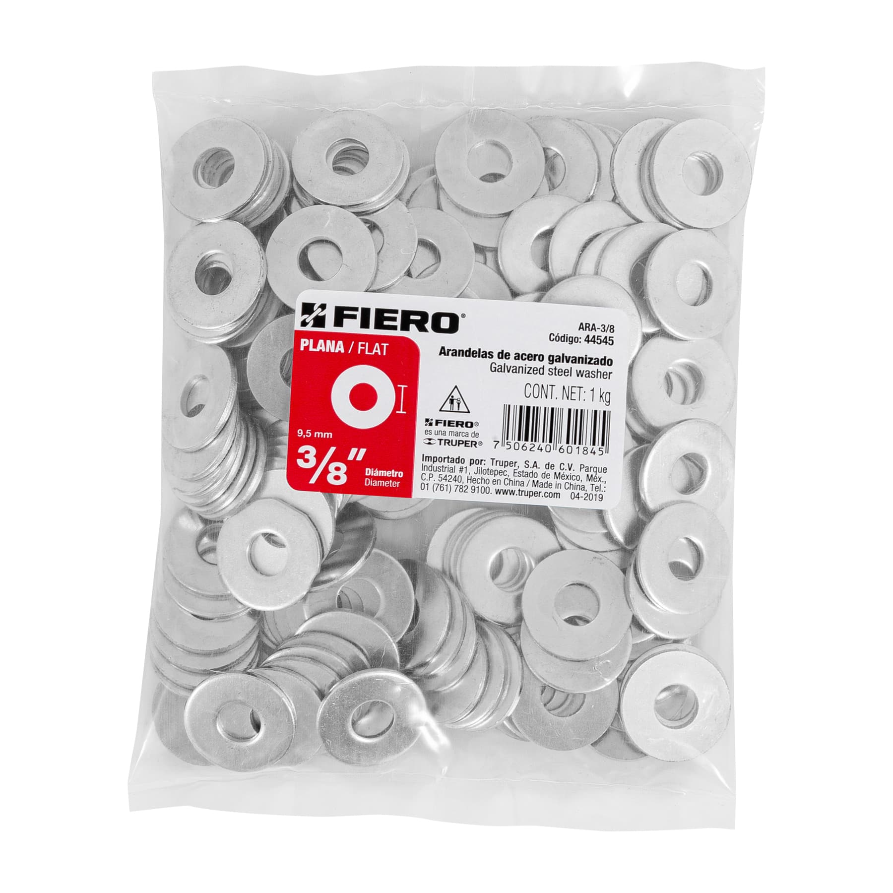 Bolsa de 1 kilo arandelas planas galvanizadas 3/8", Fiero