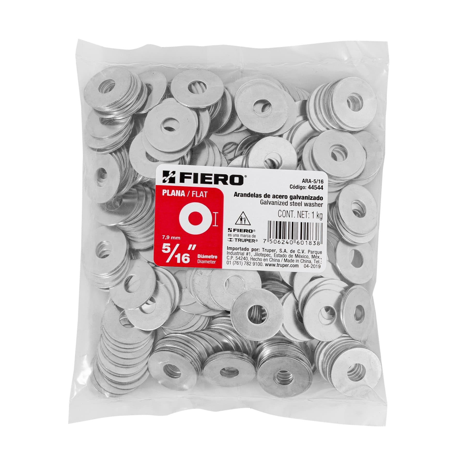 Bolsa de 1 kilo arandelas planas galvanizadas 5/16", Fiero