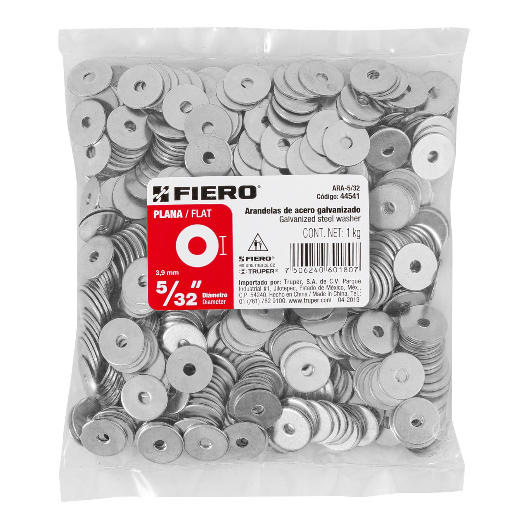 Bolsa de 1 kilo arandelas planas galvanizadas 5/32", Fiero