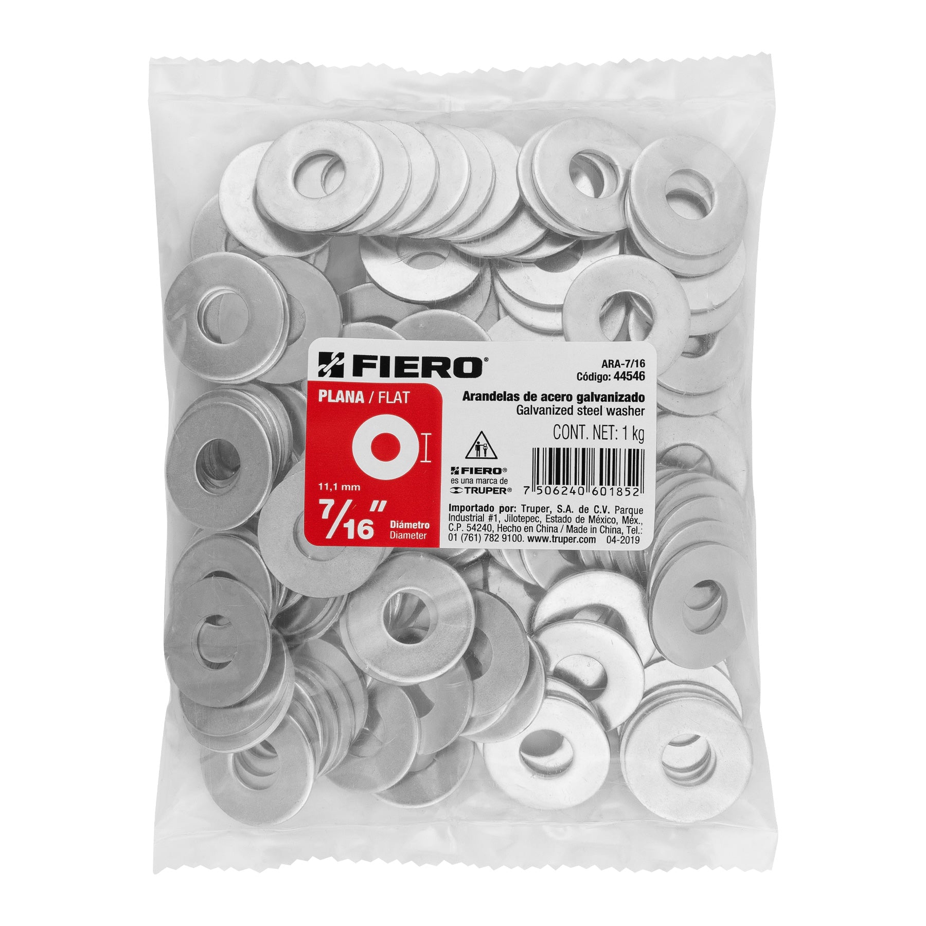 Bolsa de 1 kilo arandelas planas galvanizadas 7/16", Fiero