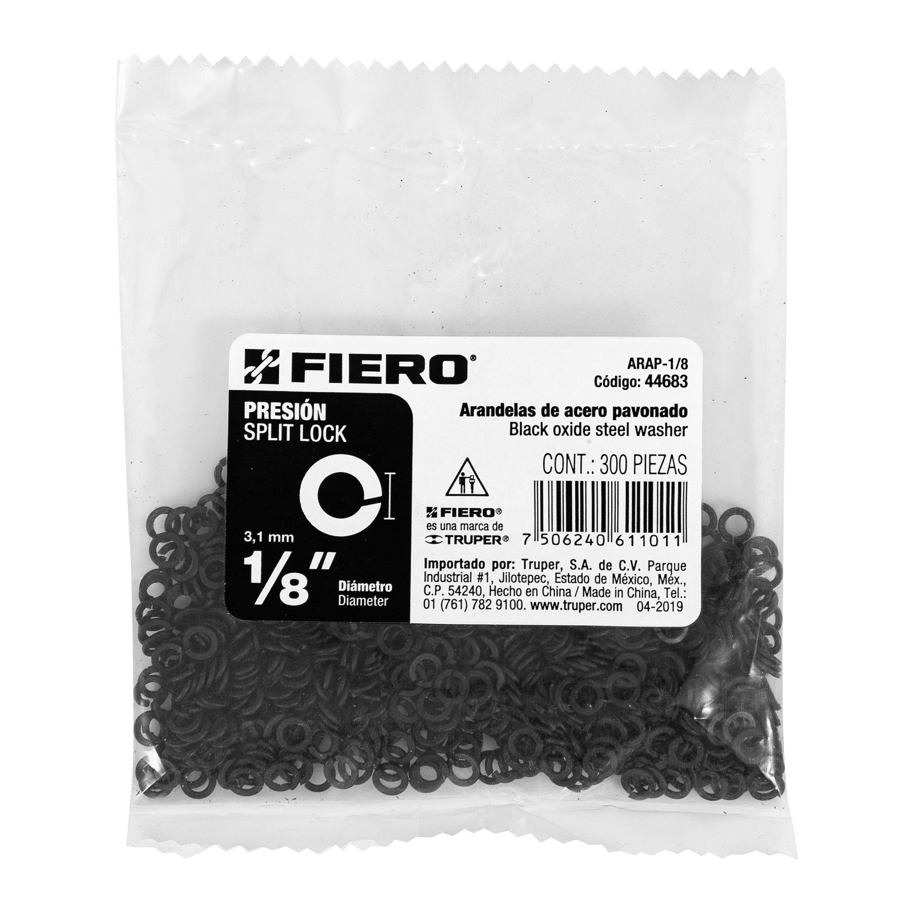 Bolsa con 300 arandelas de presión de 1/8", Fiero