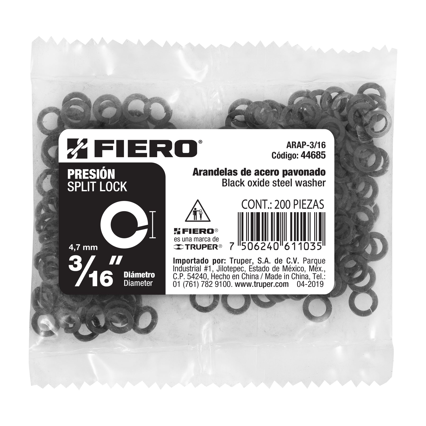 Bolsa con 200 arandelas de presión de 3/16", Fiero