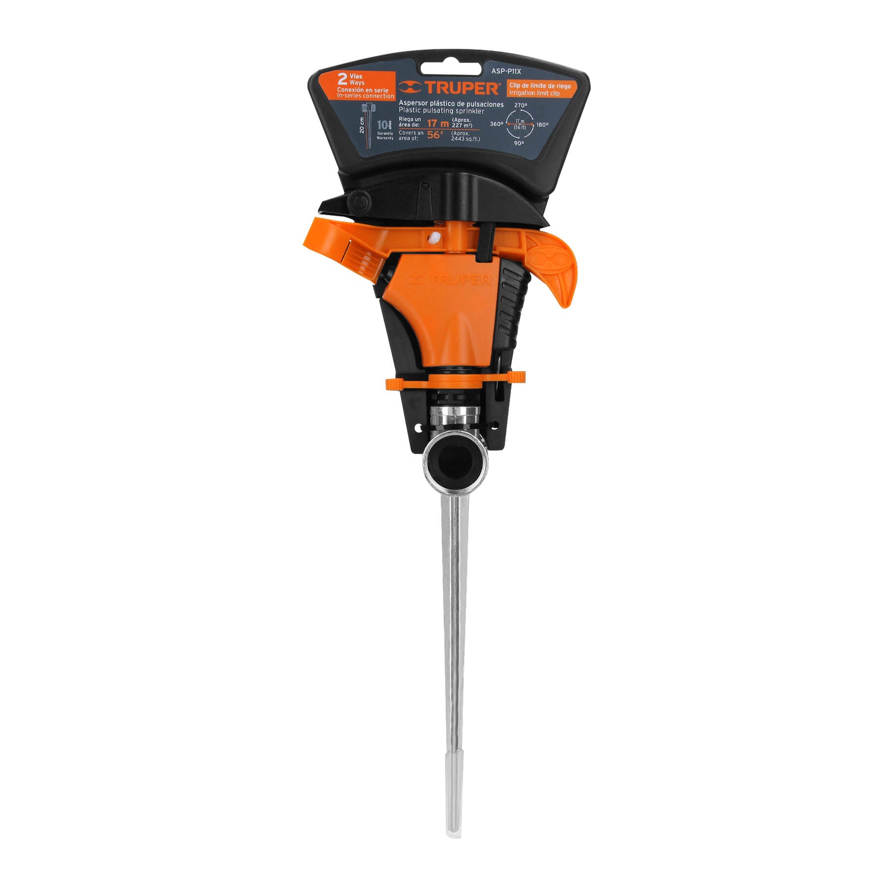 Aspersor plástico 11", dos vías, estaca metalica, Truper